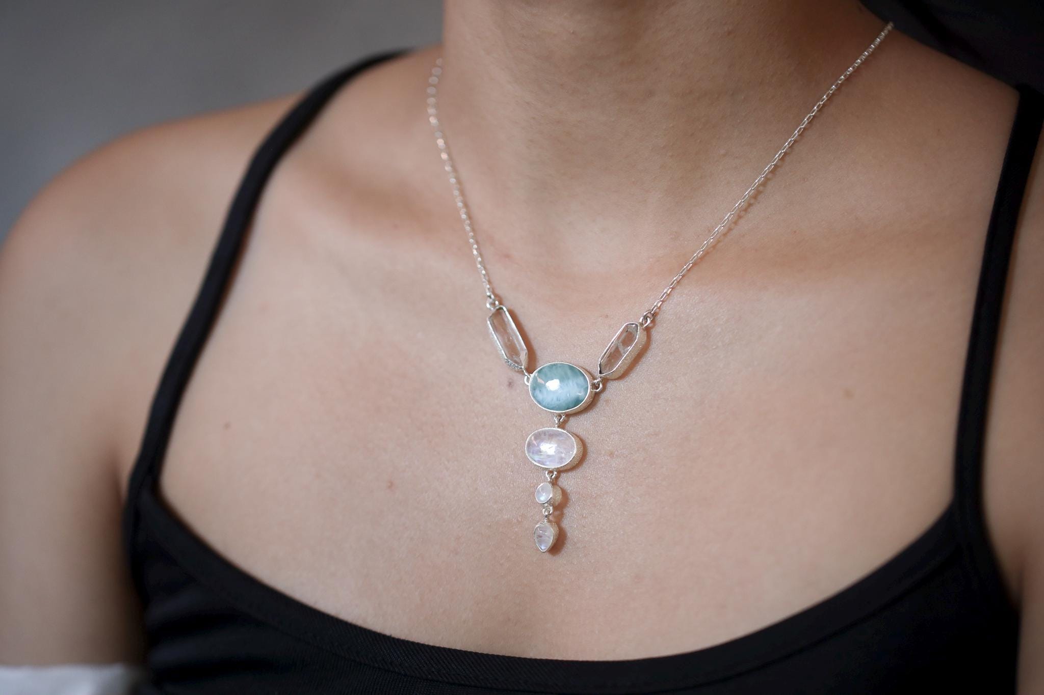 Larimar, Blue Moonstone, and double terminated Clear Quartz Necklace 925 Silver, Box Chain, Organic Texture, Crystal Gift