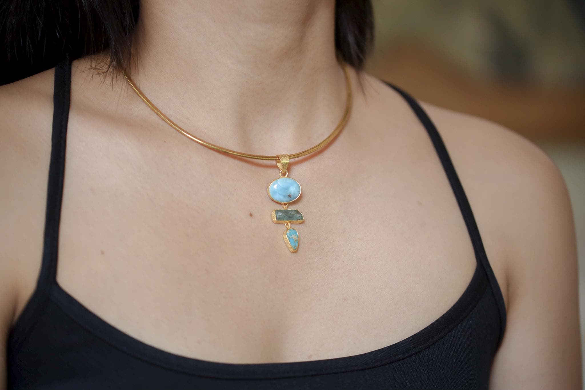 Larimar Aquamarine Arizona Turquoise Necklace 925 Sterling Silver Gold Plated Stack Pendant Ocean Talisman