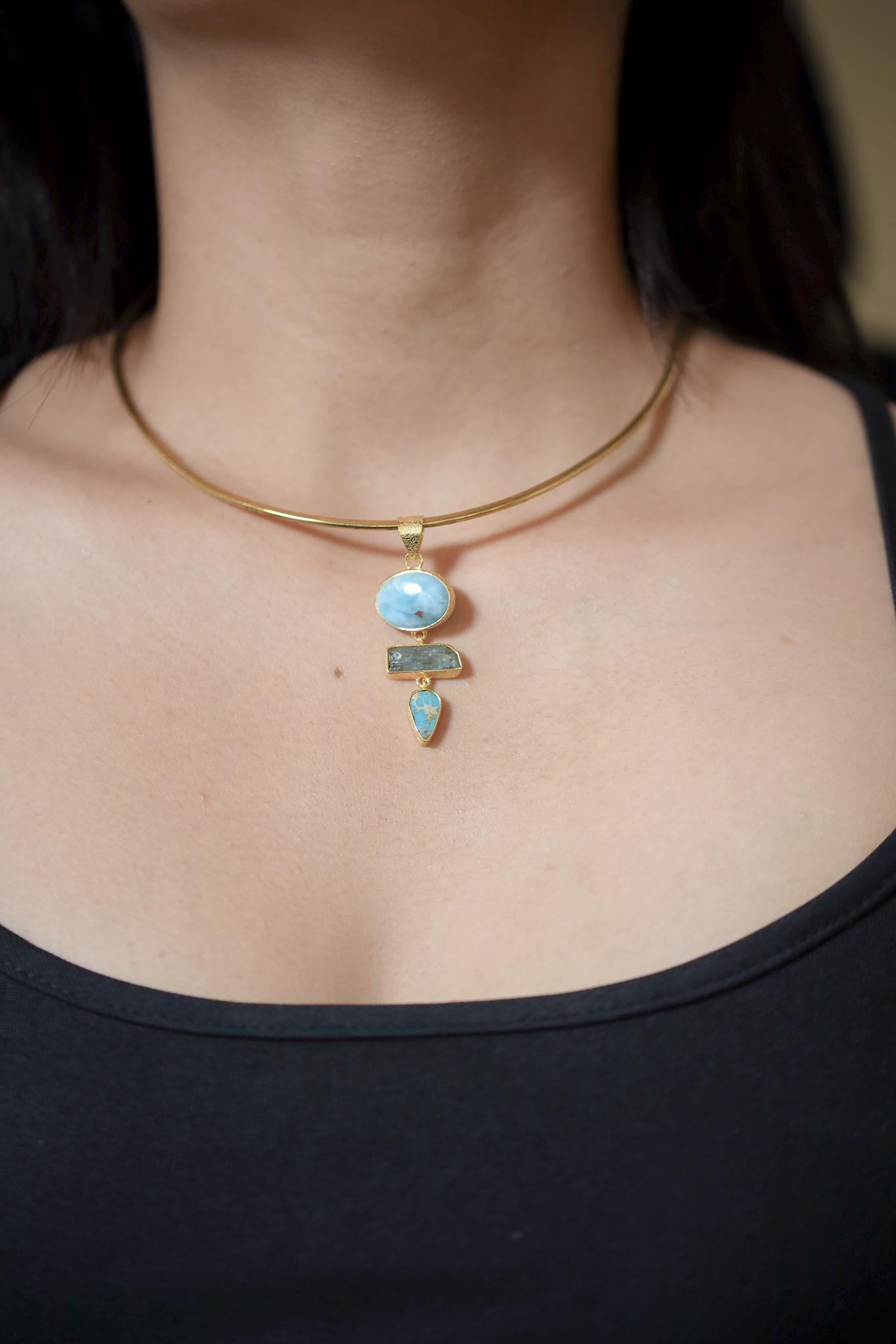 High Grade Larimar, Sleeping Beauty Arizona Turquoise, Raw Aquamarine Pendant, 925 Silver Gold Plated, Throat Chakra, Boho Jewelry Gift