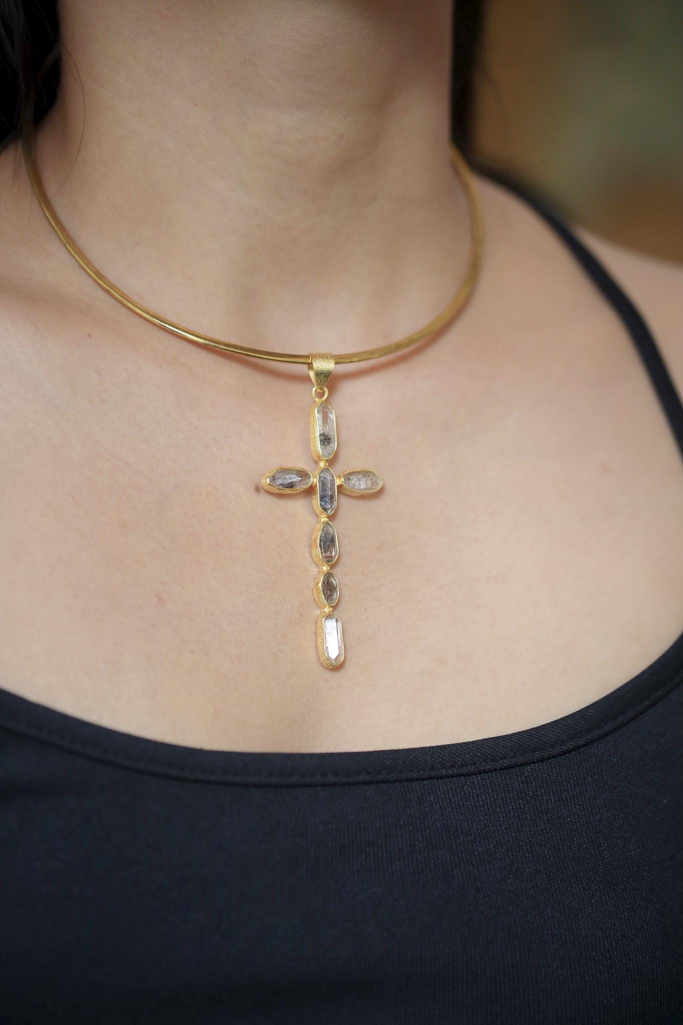 Petroleum Smoky Quartz Cross, 925 Silver, 18K Gold Plated, Raw Crystal Talisman, Spiritual Jewelry, Organic Textured Cross Pendant