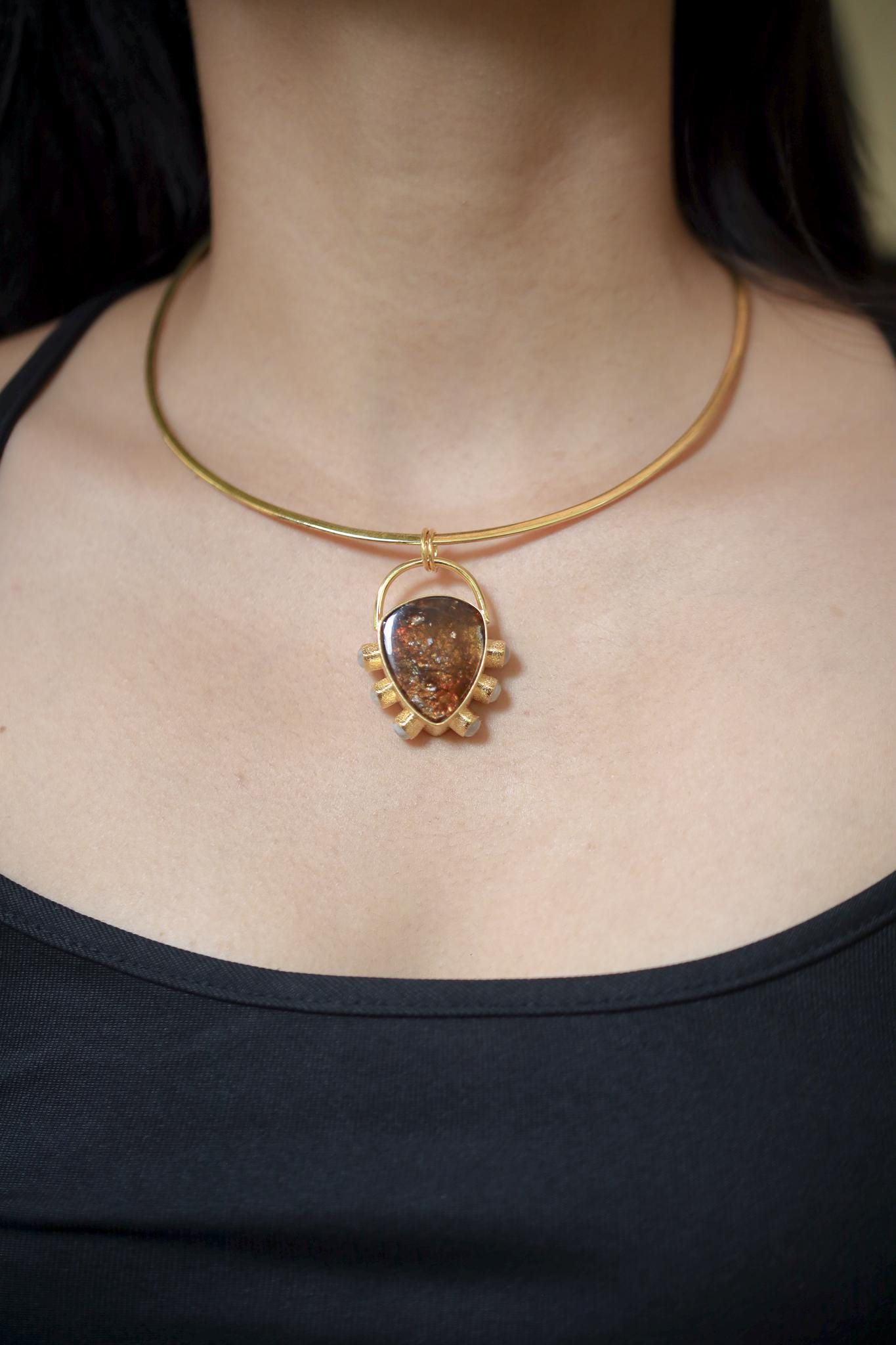 Dravite Tourmaline & Moonstone Pendant, 18k Gold Plated Silver, Organic Texture