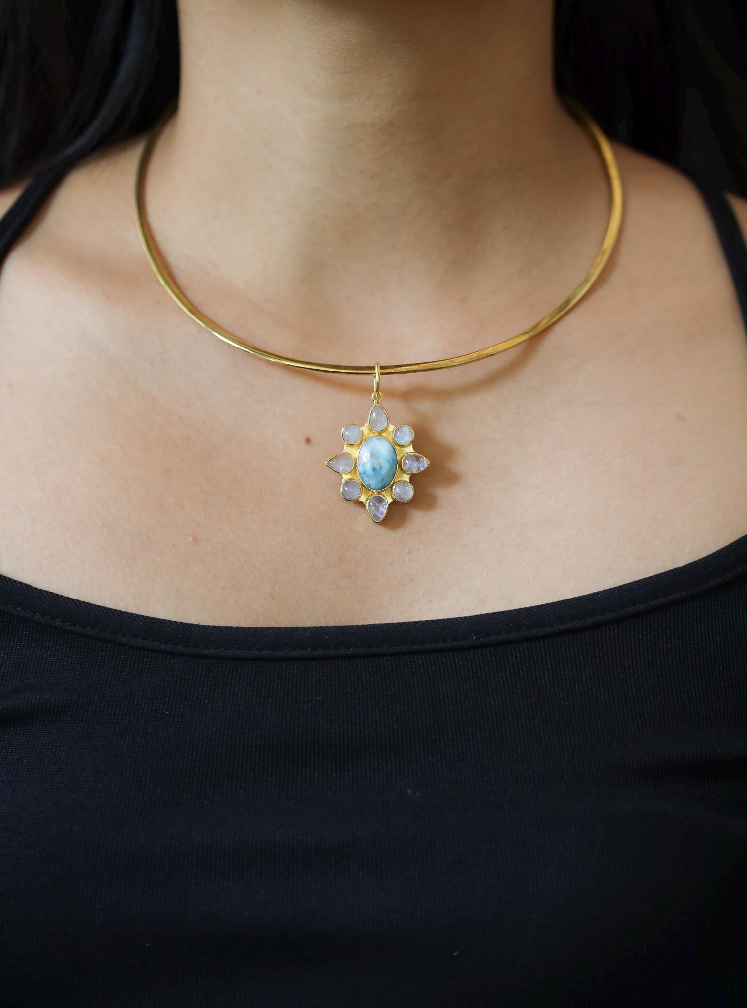 Larimar, Blue Moonstone Flower Pendant, 925 Silver, 18K Gold Plated, Handmade Boho Jewelry, Ocean Energy Amulet, Intuition & Calmness
