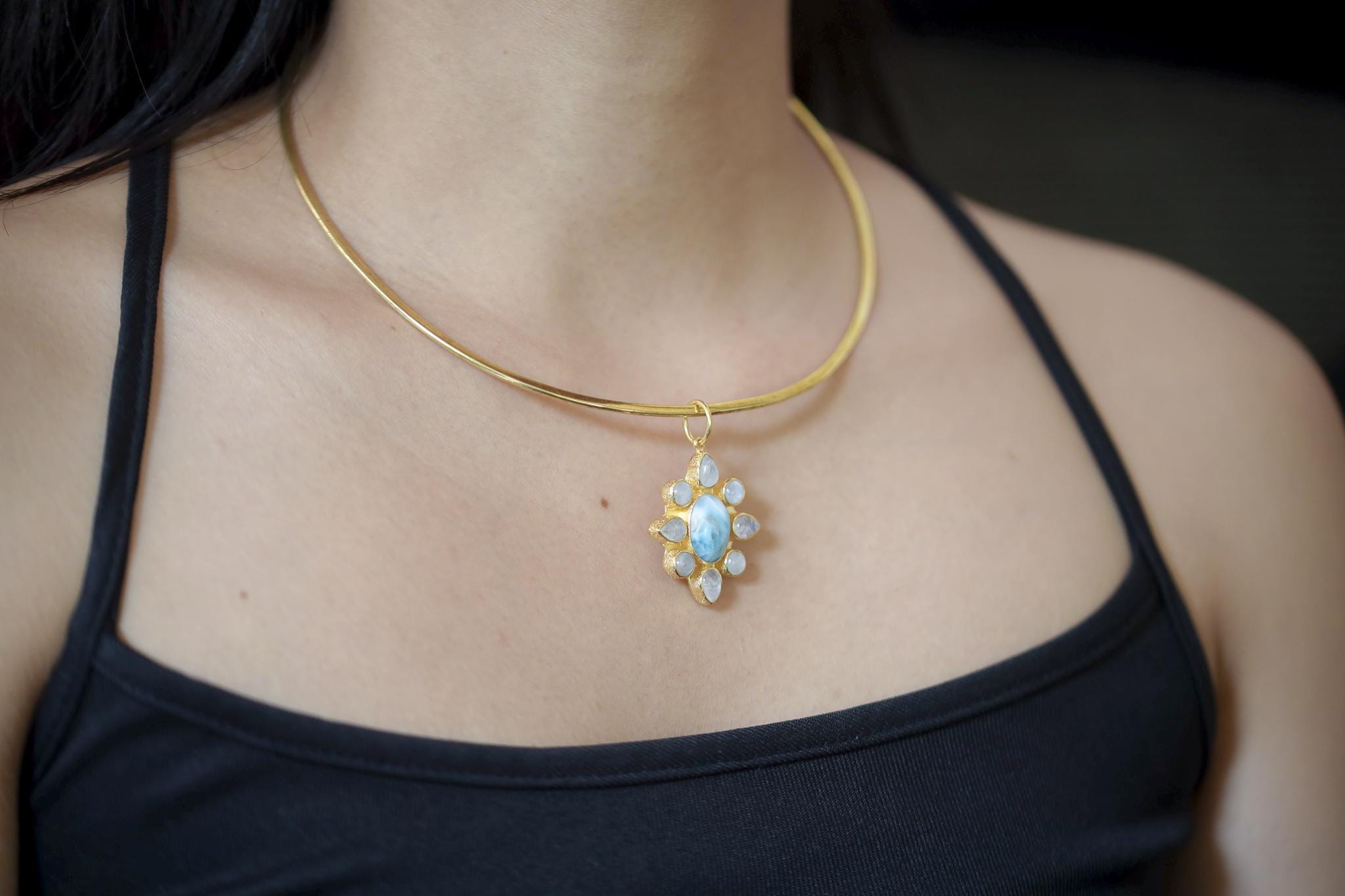 Larimar Blue Moonstone Flower Pendant, 18K Gold Plated 925 Silver, Handmade Amulet