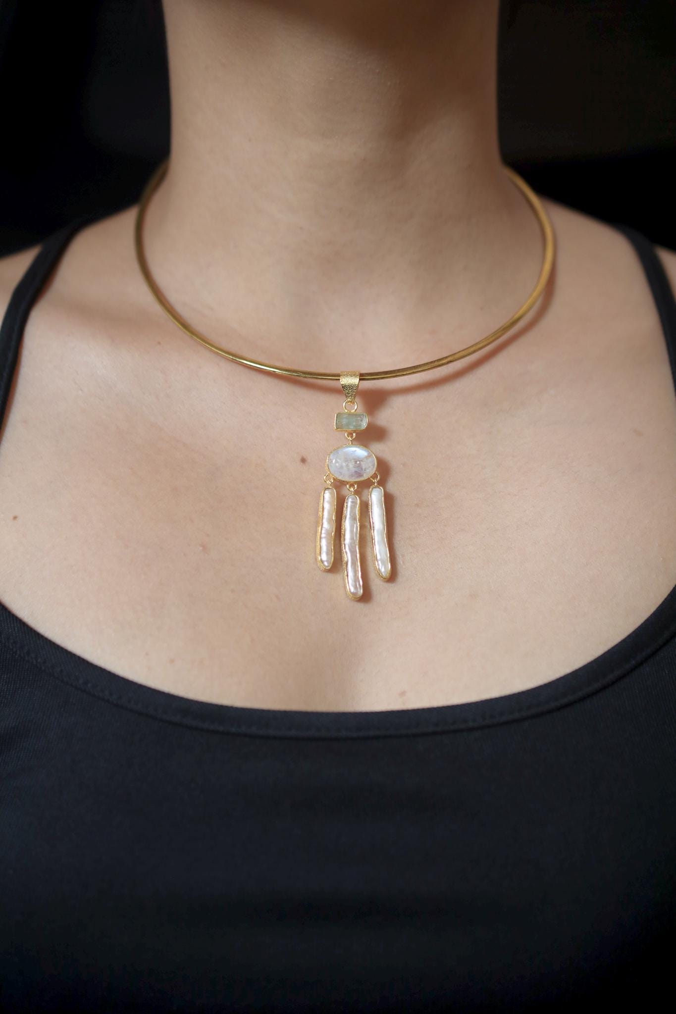 Aquamarine Moonstone Pearl Pendant, 925 Gold Plated Talisman, Raw Stick Pearls, Dreamcatcher Necklace, Crown Chakra, Ocean Energy Gift