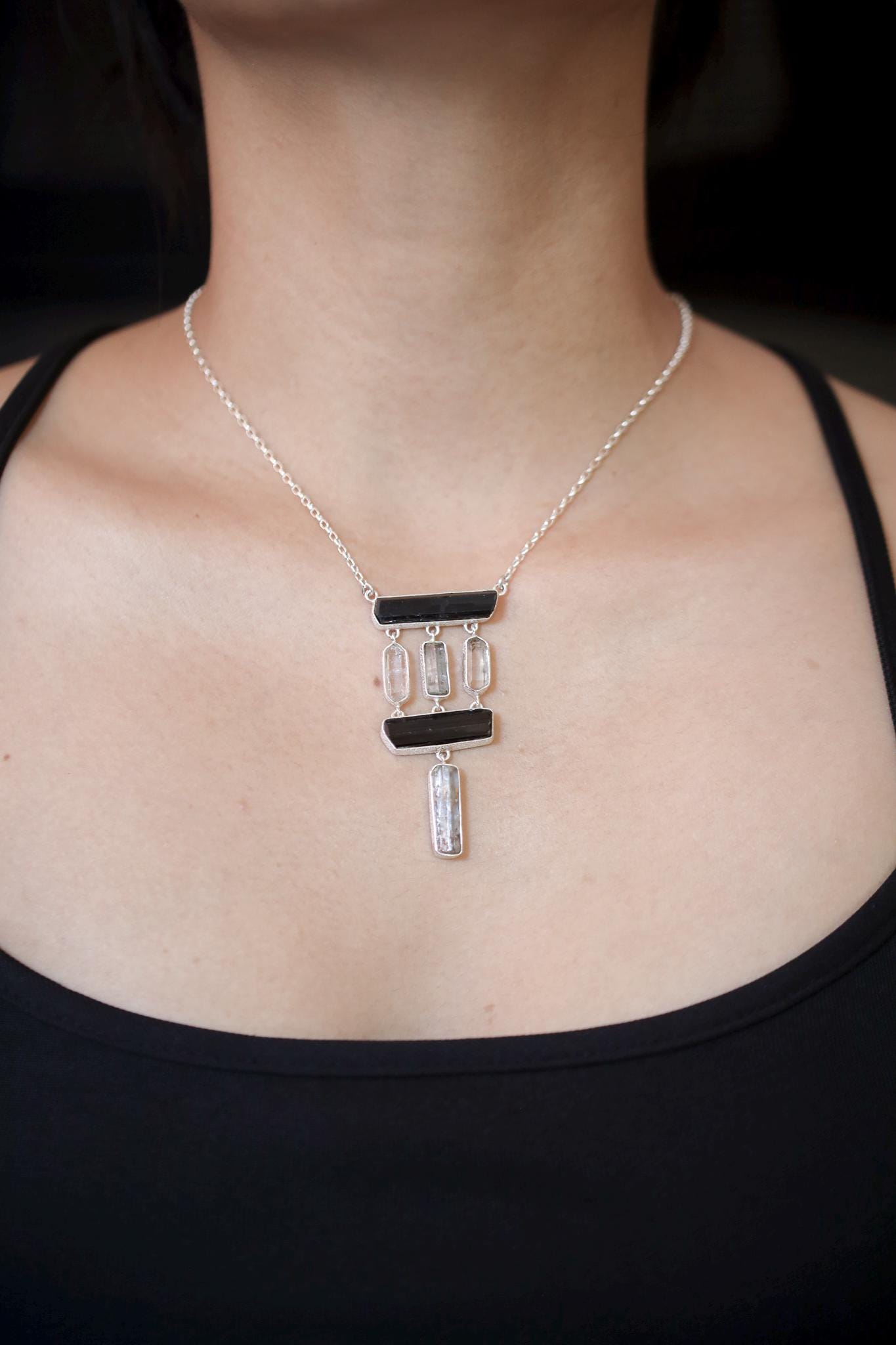 Black tourmaline Wand, Double Terminated Quartz Points, and Aquamarine Stick 925 Silver, High Shine Finish, Energy Protection Gift