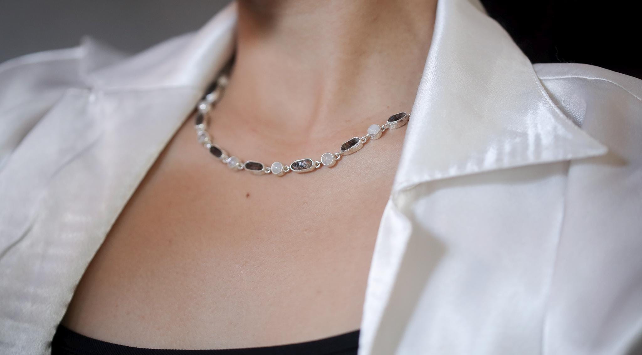 Petroleum Smoky Quartz Moonstone Necklace, 925 Silver, Raw Crystal Collar, High Shine Rolo Chain, Crown Chakra, Mystic Boho Jewelry