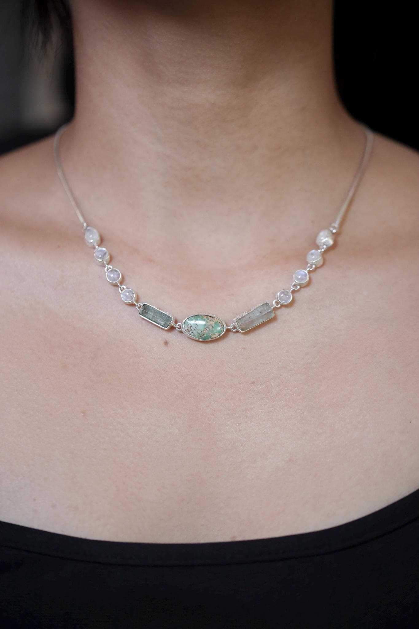 Arizona Turquoise, Aquamarine, Moonstone Necklace, 925 Silver Snake Chain, Raw Crystals, Boho Jewelry, Chakra Healing Gift, Organic Texture