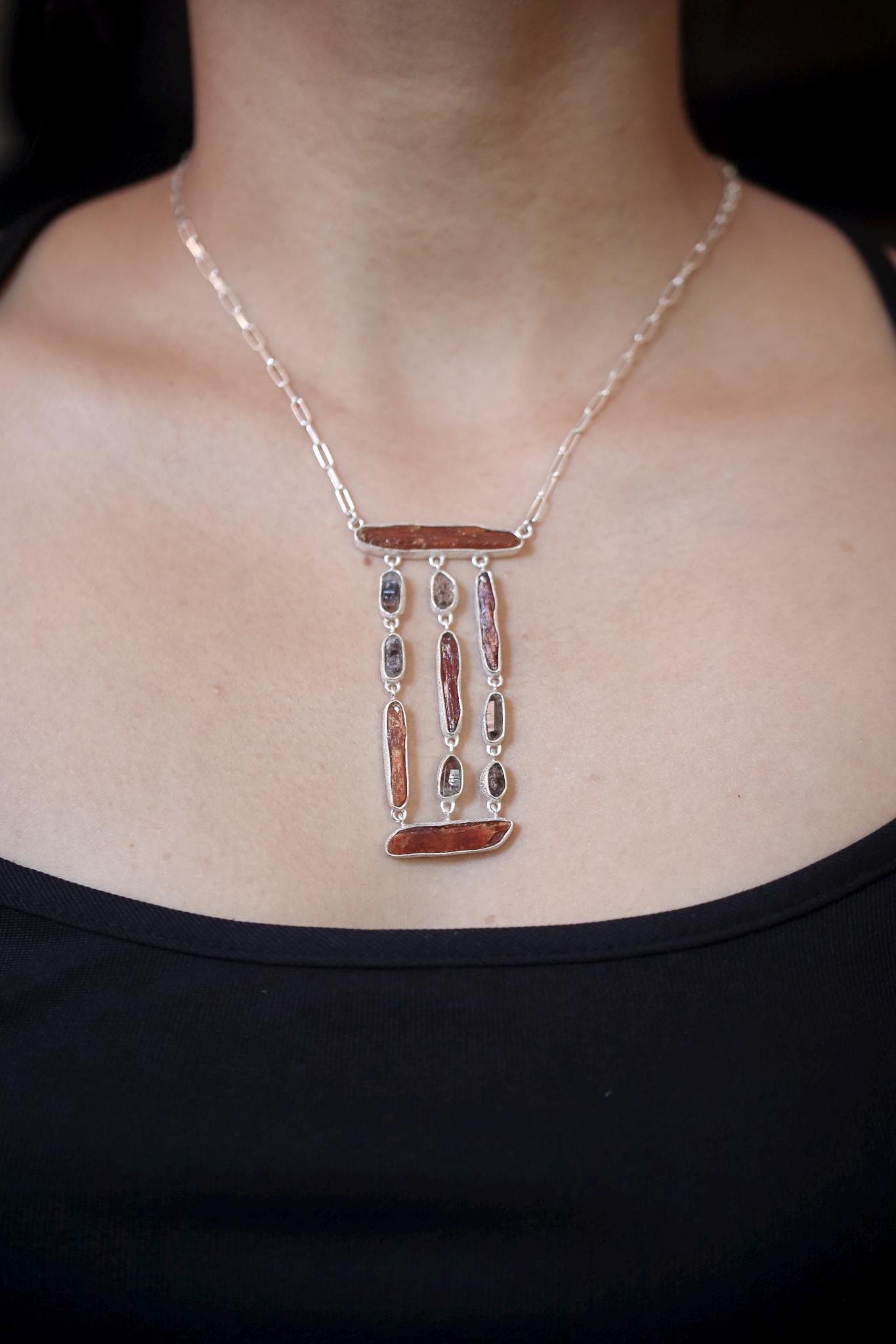 Red Kyanite & Petroleum Smoky Quartz Dangle Necklace, Sterling Silver, Organic Textured Finish, Raw Crystal Necklace, Boho Statement Jewelry