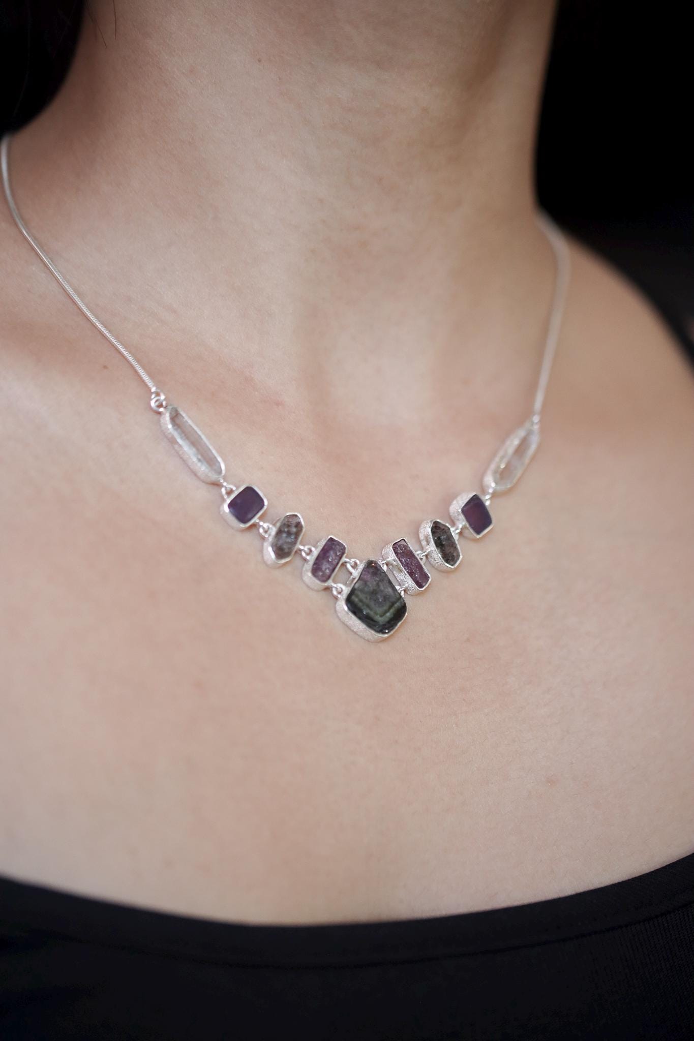 Raw Tourmaline Ruby Quartz Necklace, 925 Silver Box Chain, Green Gem Slice, DT Petroleum Crystal, Chakra Healing Pendant Gift