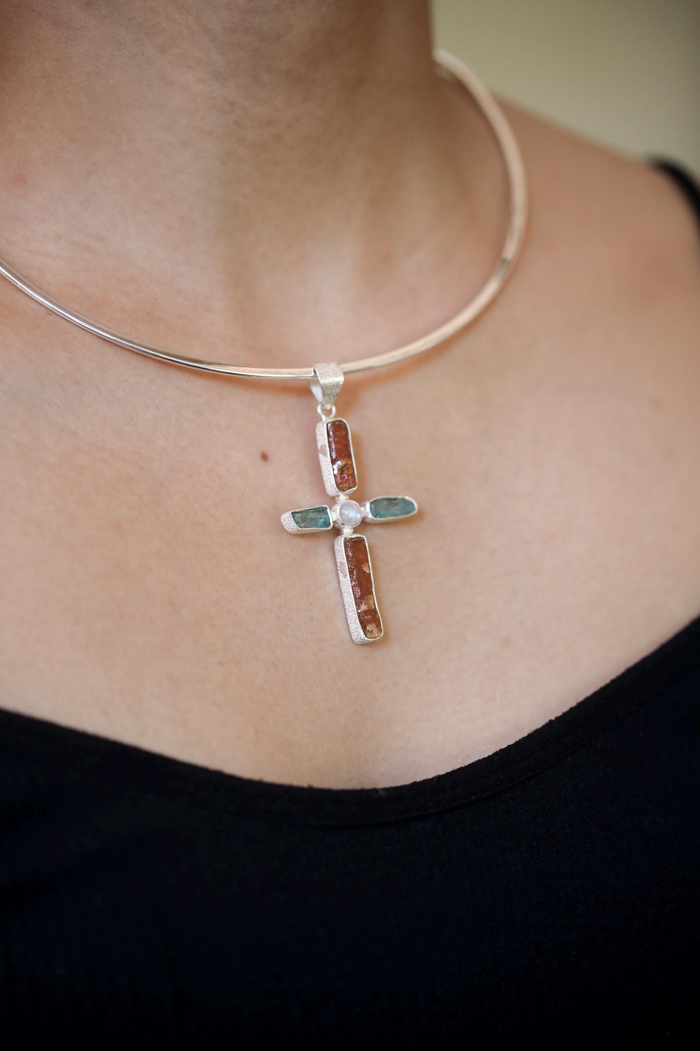 Red Kyanite Moonstone Cross Pendant: Raw Stone 925 Sterling Silver