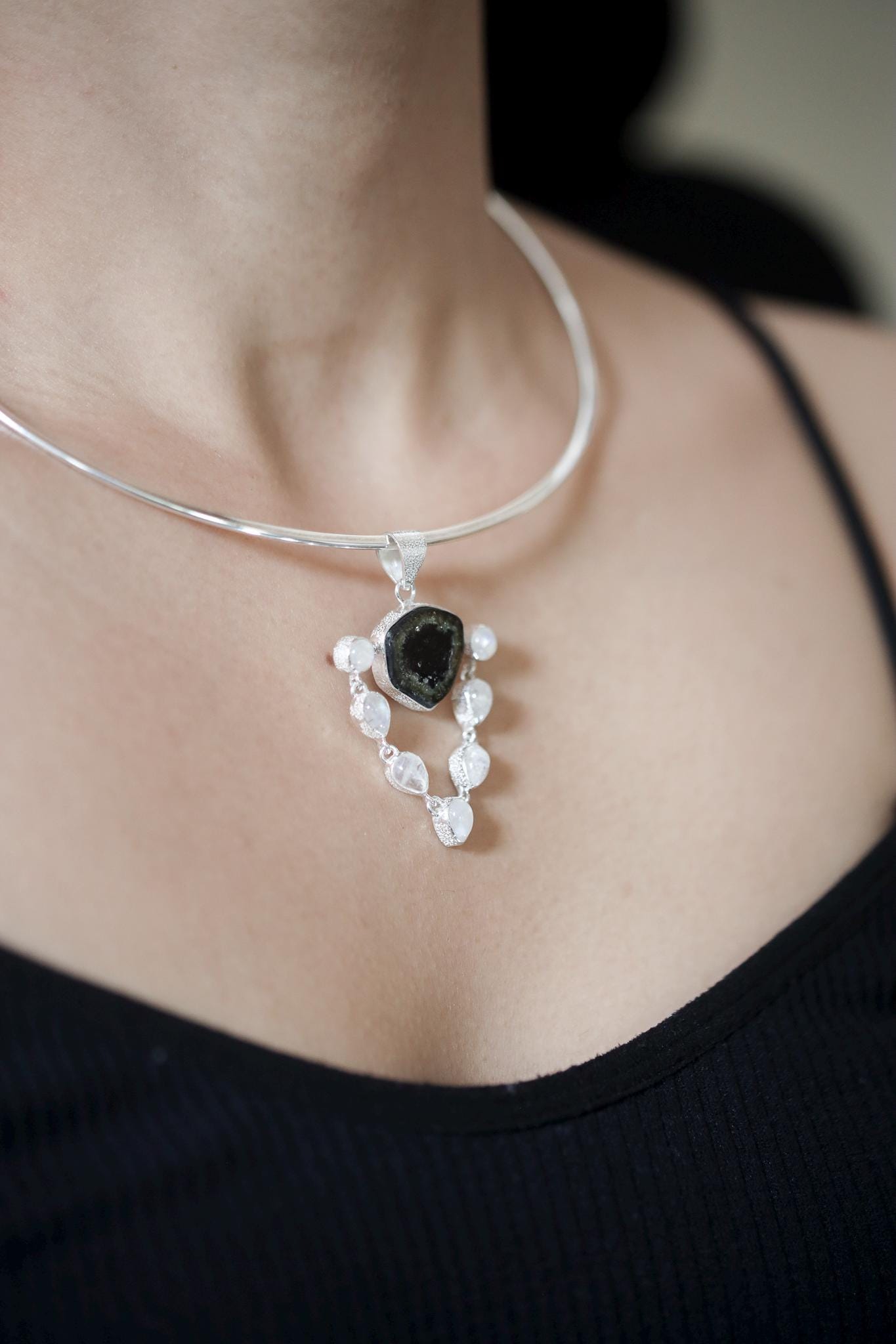 Spiritual Talisman Jewelry, Green Gem Tourmaline Slice, Blue Teardrop Moonstone Pendant, 925 Silver, Polished Organic Texture, Unique Gift