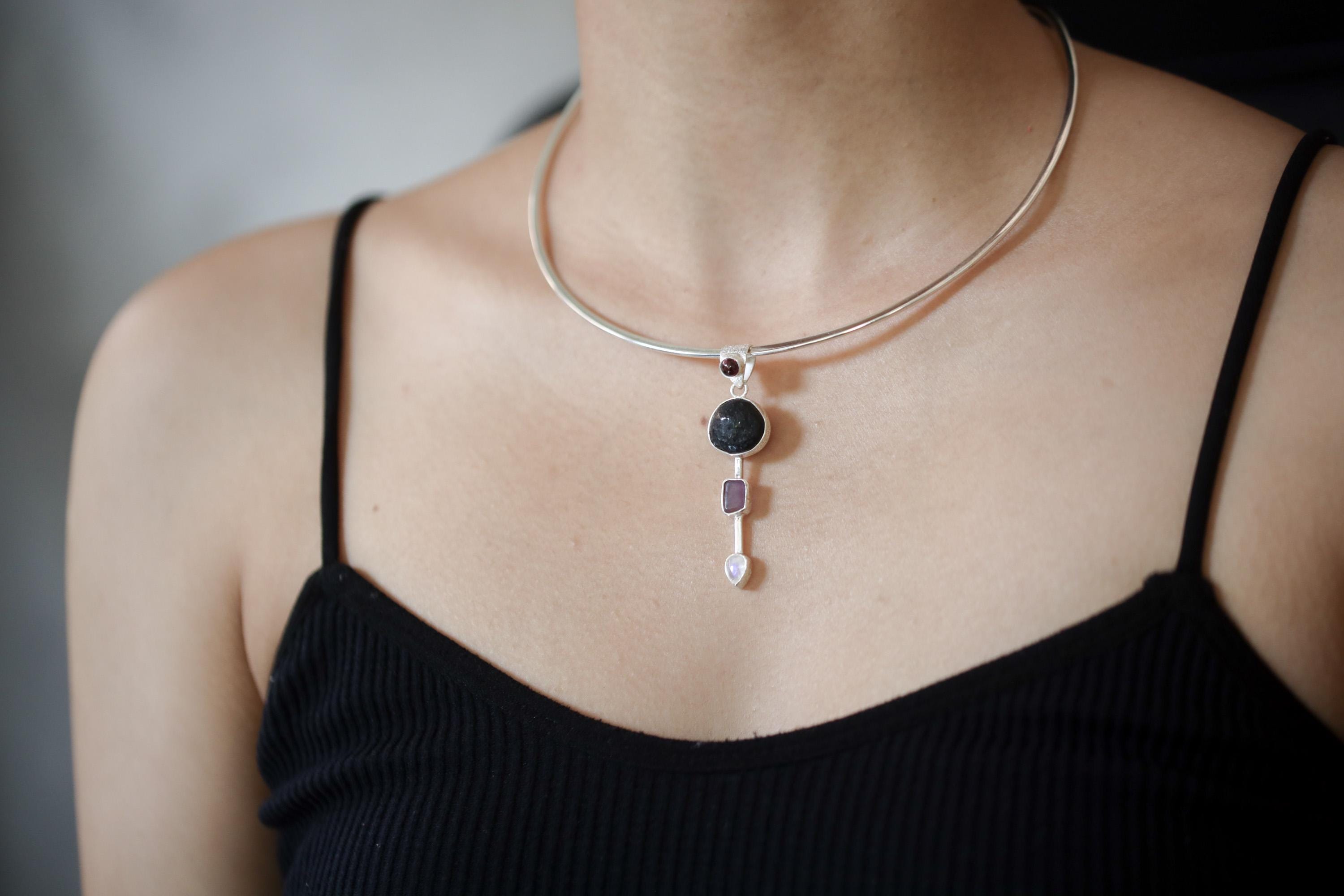 Garnet, Tektite, Amethyst, Blue Moonstone Pendant, 925 Silver, High Polish, Organic Textured Finish, Chakra Jewelry, Unique Gift for Her