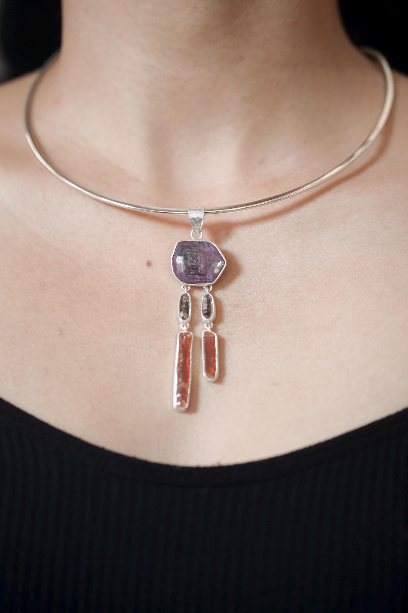 Dream Catcher Dangle Raw Gem Ruby, Petroleum Smoky Quartz & Rare Red Gem Kyanite Pendant, 925 Silver, Organic Texture, Crystal talisman Gift