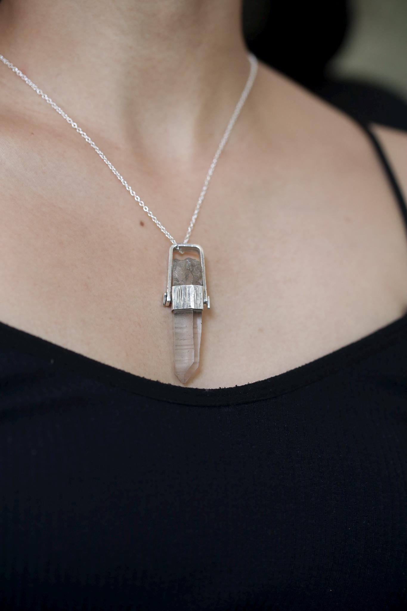 Lemurian Laser Quartz Pendant: Spinning Sterling Silver, Handmade Artisan Jewelry