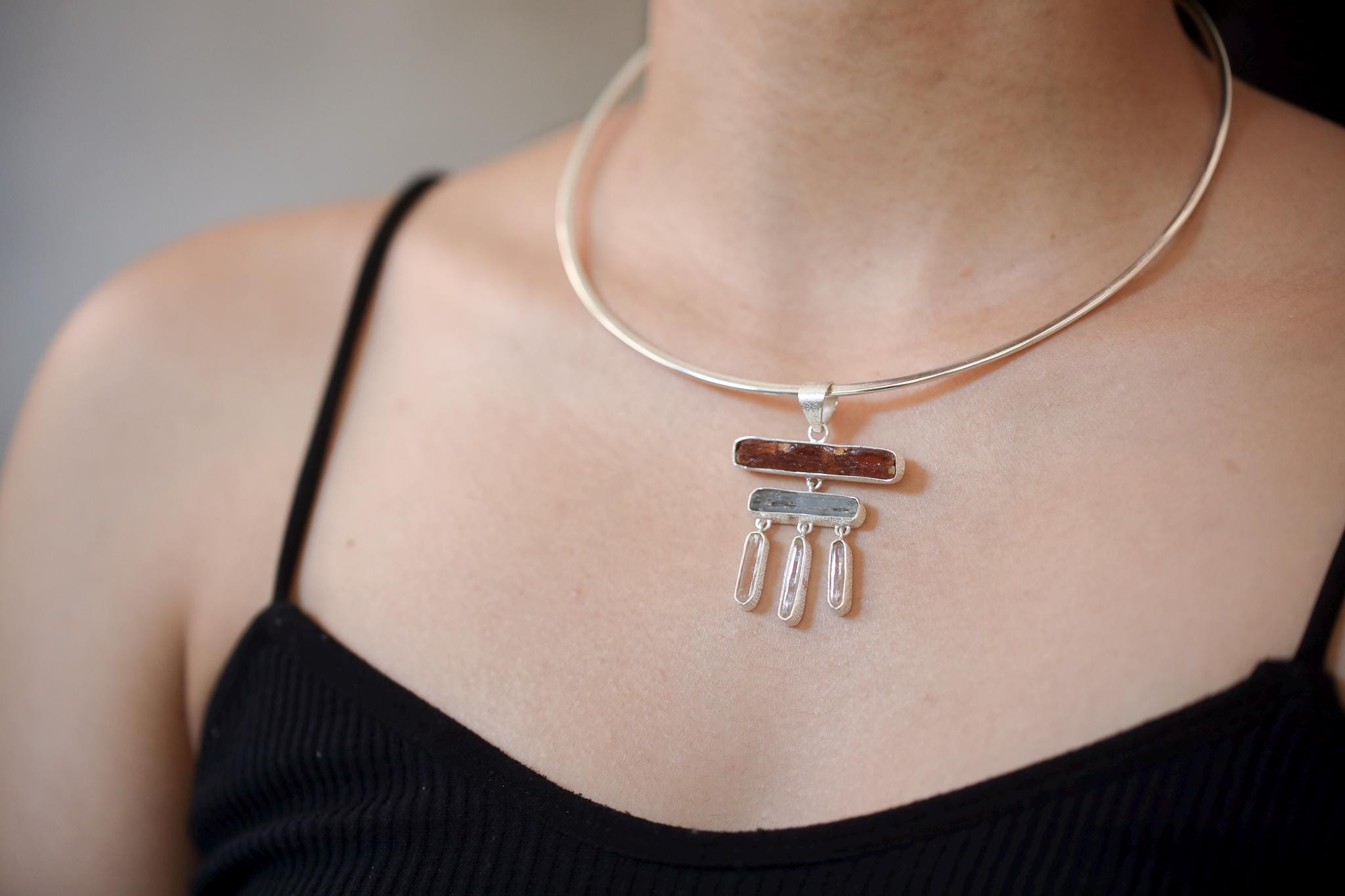 Raw Red Kyanite Aquamarine Pendant: Sterling Silver Healing Necklace