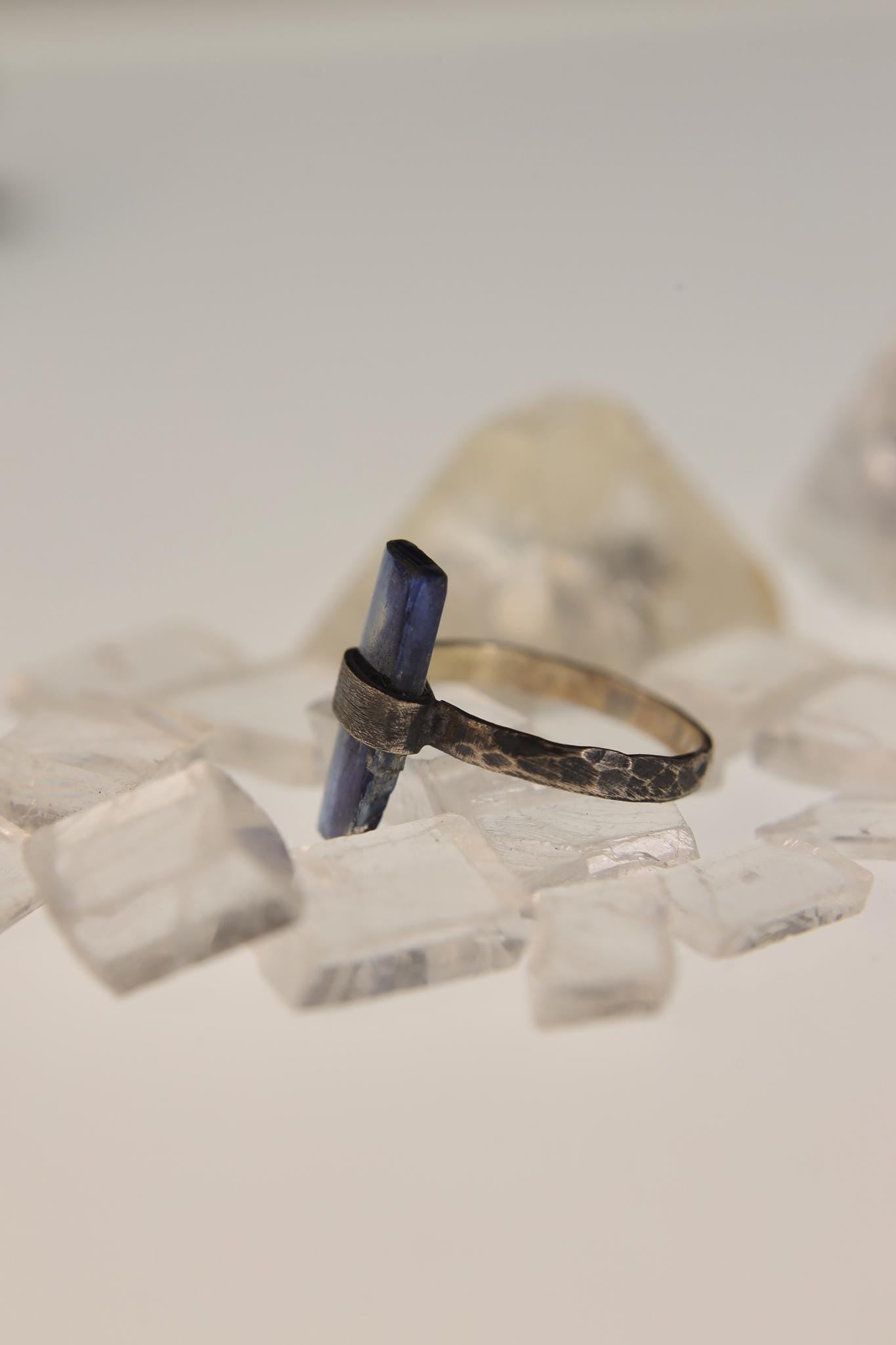Kyanite Silver Ring 925 Oxidized Hammered Band Raw Crystal Wrap Setting Communication Jewelry Gift