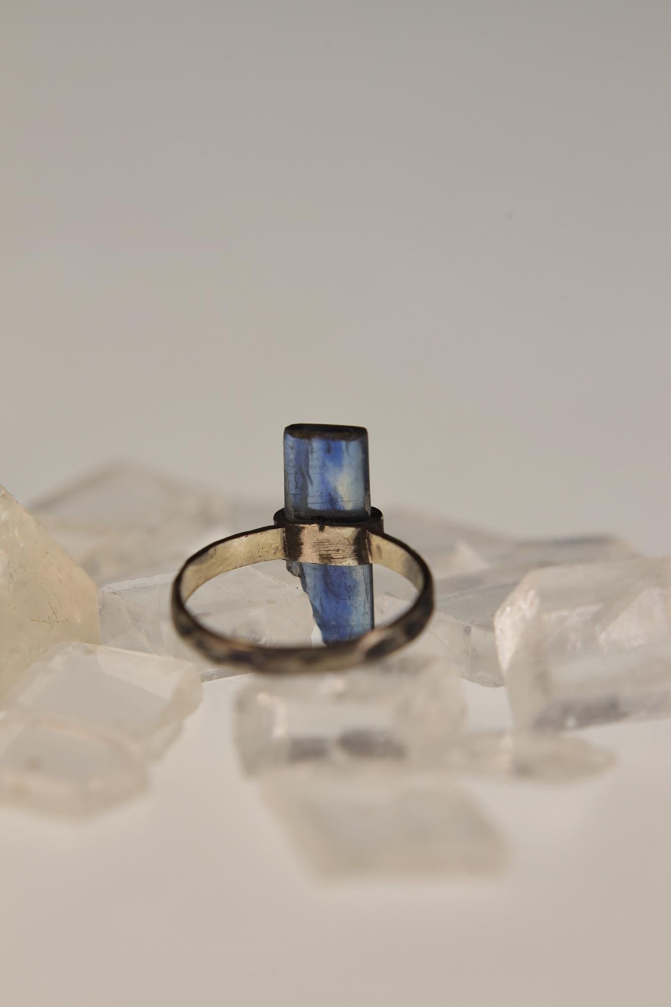 Kyanite Silver Ring 925 Oxidized Hammered Band Raw Crystal Wrap Setting Communication Jewelry Gift