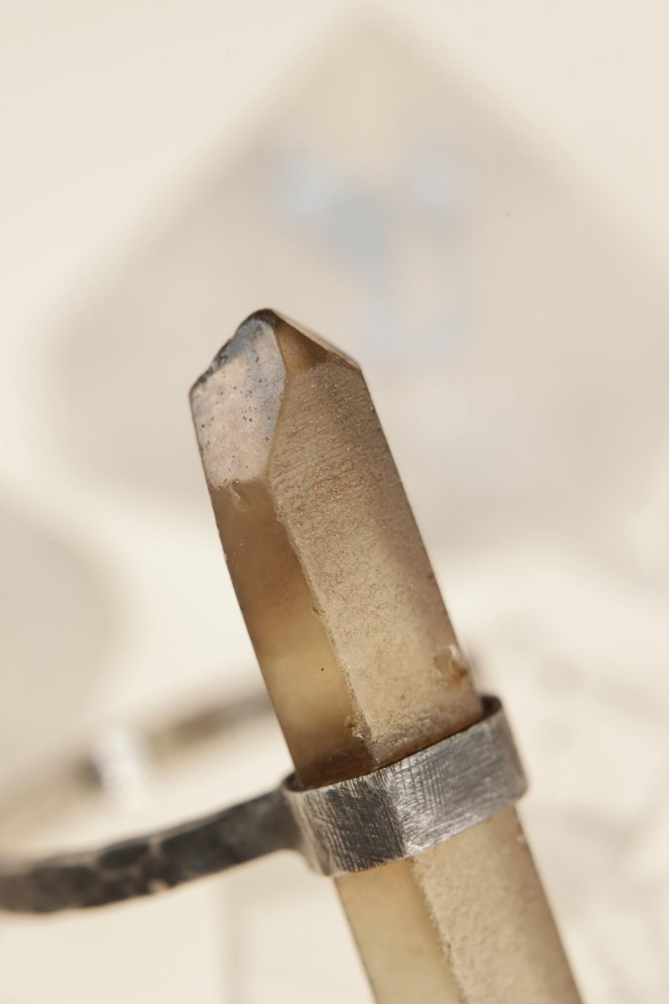 Close view of raw Australian Smoky Citrine crystal ring showing natural point form, smoky golden depth, and handmade silver setting.