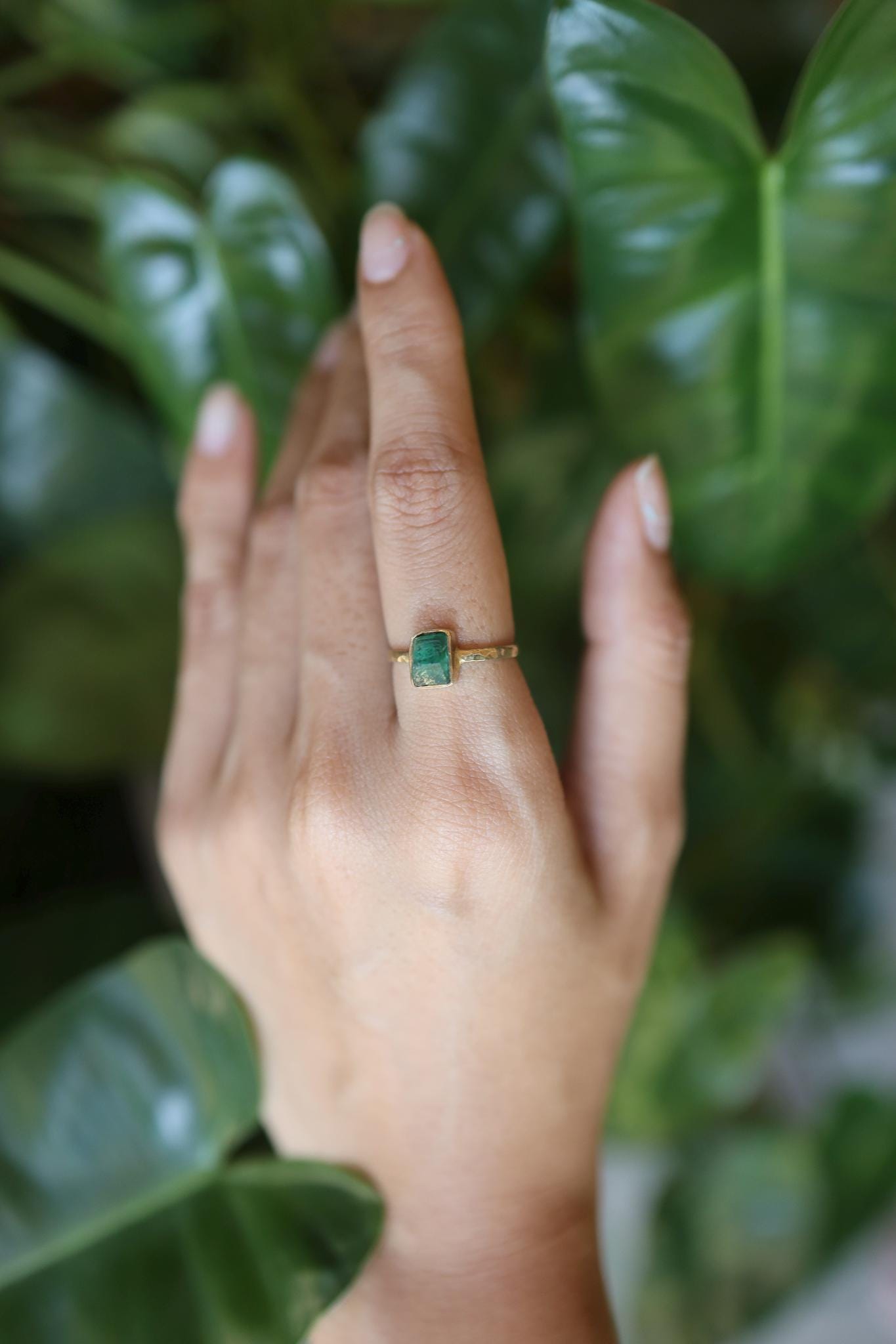 Raw Australian Emerald Ring, Gold Plated Sterling Silver, Hammered Band, US Size 5