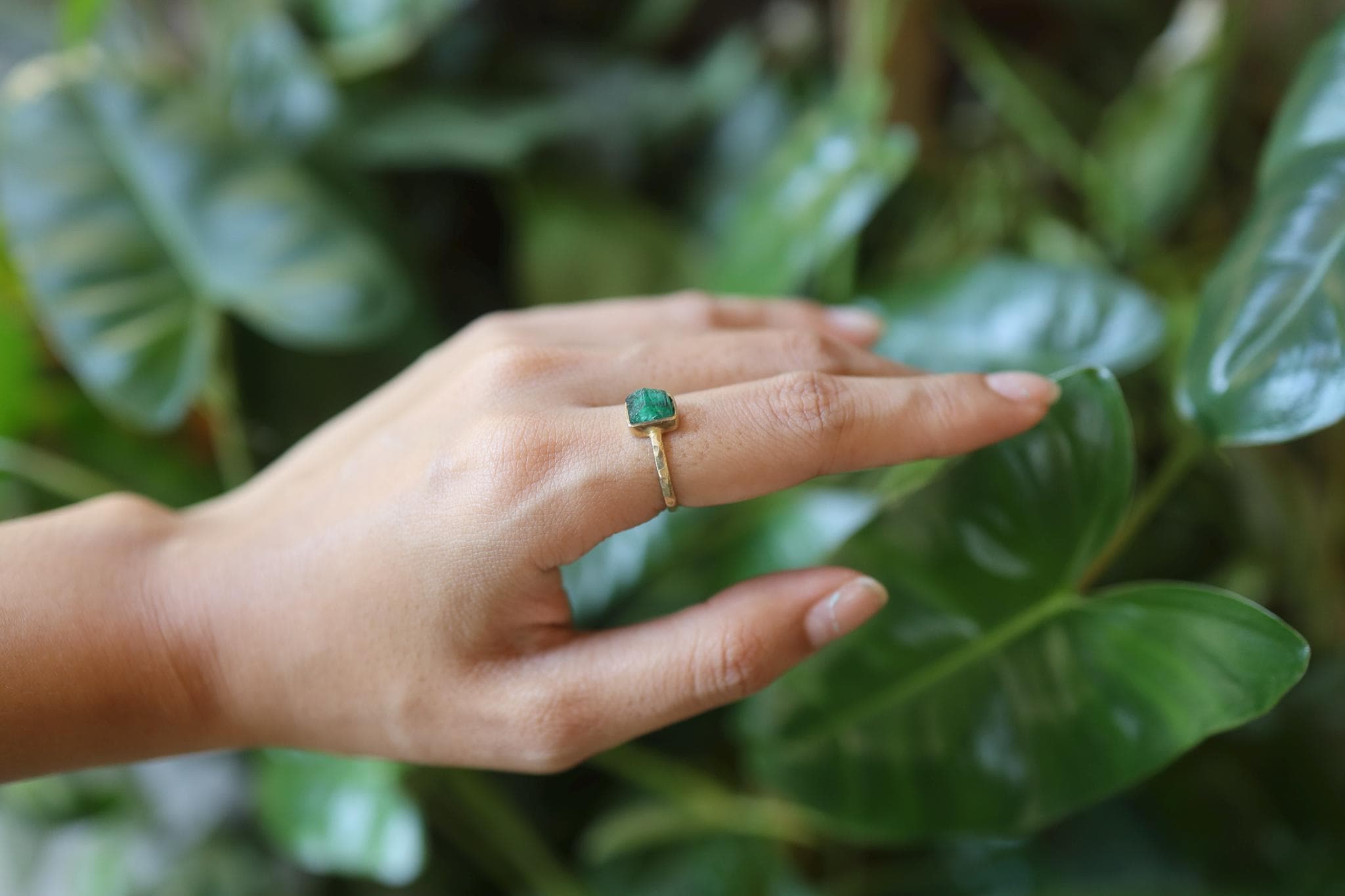 Raw Emerald Ring Gold Plated Sterling Silver, Rough Australian Emerald Crystal, Stack Ring Size 5 US, Heart Chakra May Birthstone Gift