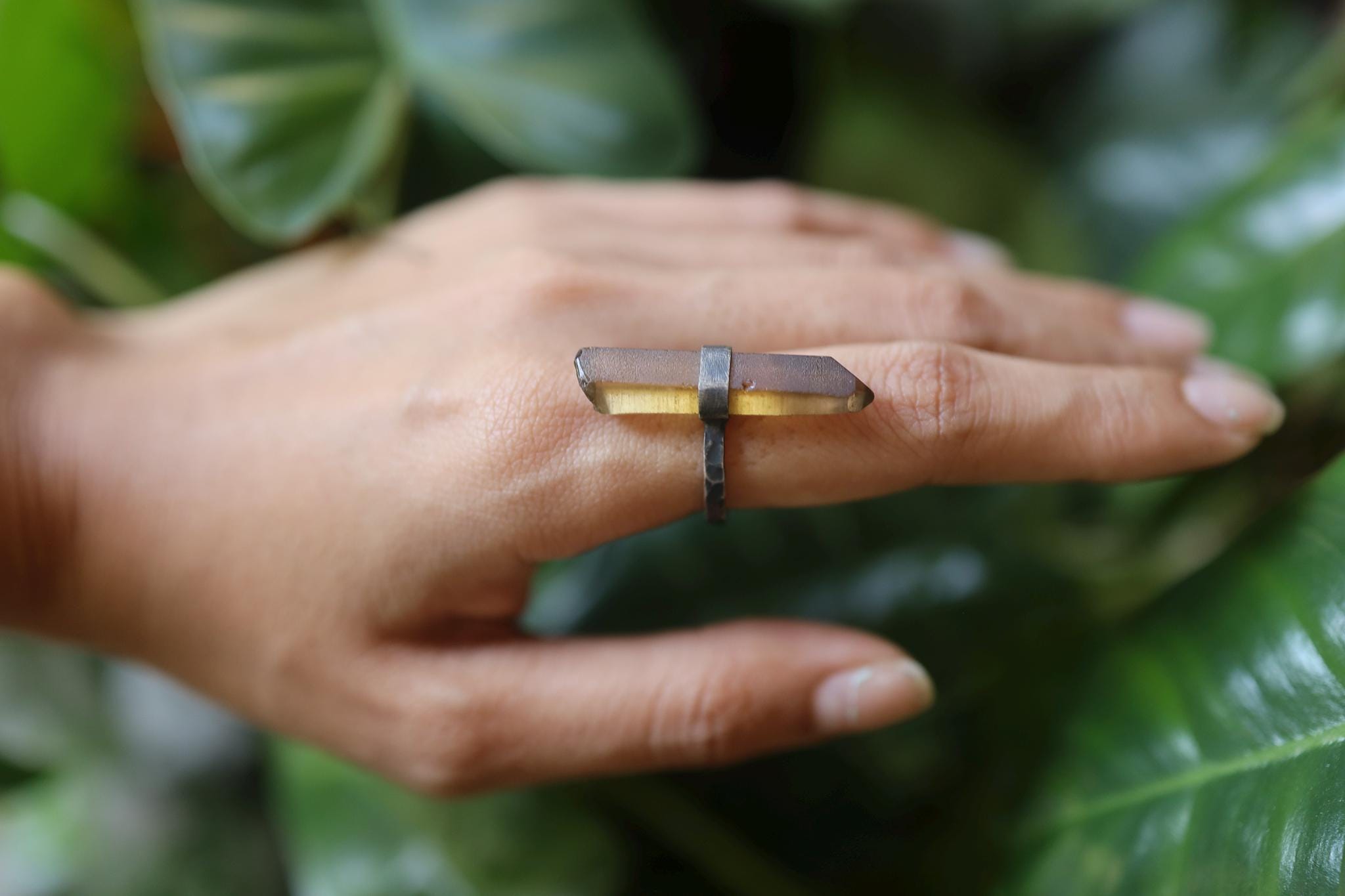 Torrington Smoky Citrine Ring 925 Silver Raw Point Crystal Hammered Oxidized Band Grounding Jewelry US Size 6.5