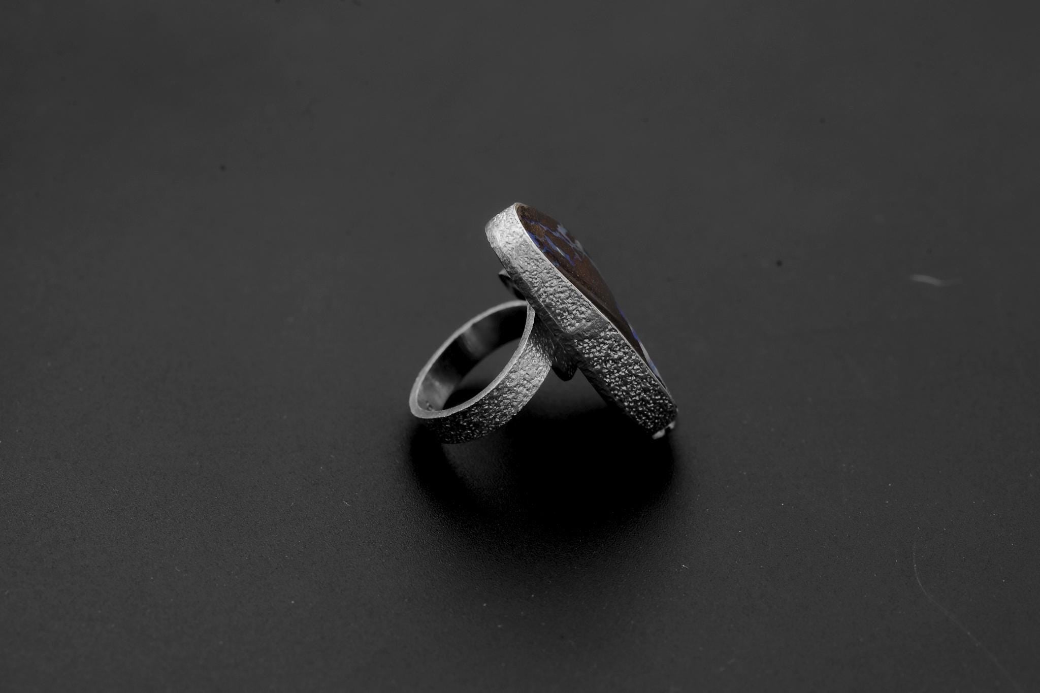 Natural Boulder Opal Ring 925 Sterling Silver Adjustable Sand Textured Band October Birthstone Heart Crown Chakra Gift