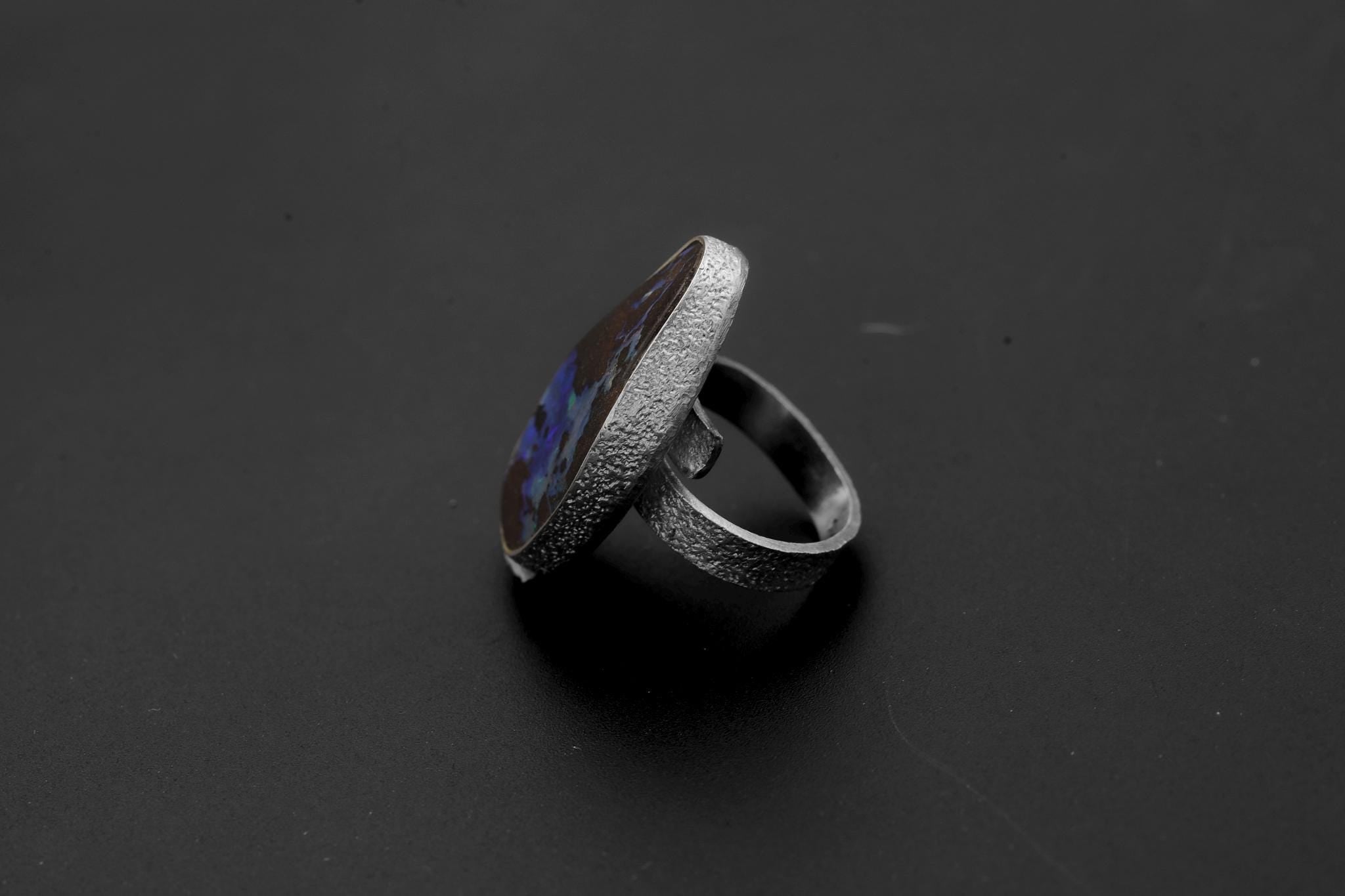 Natural Boulder Opal Ring 925 Sterling Silver Adjustable Sand Textured Band October Birthstone Heart Crown Chakra Gift