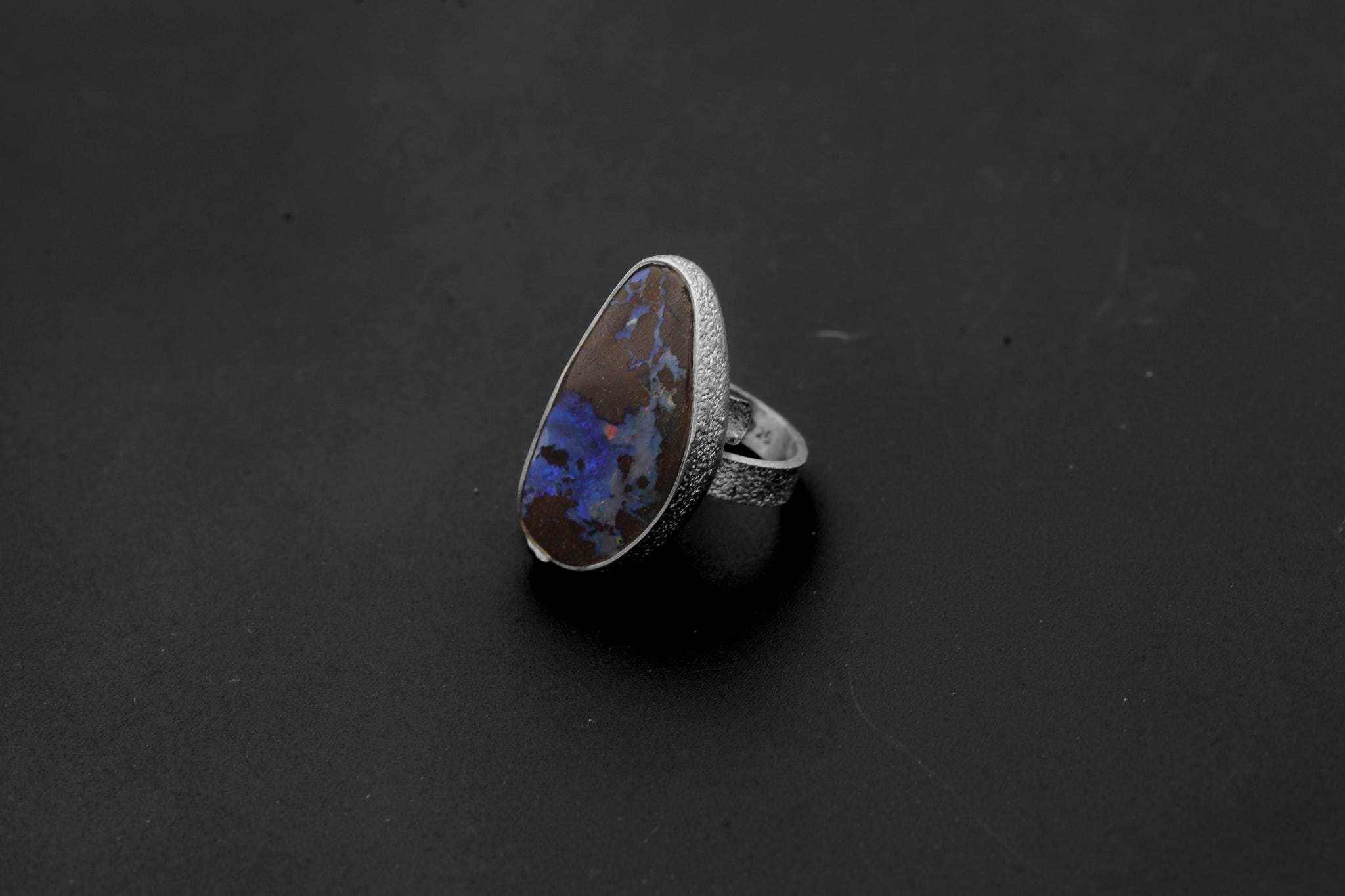 Natural Boulder Opal Ring 925 Sterling Silver Adjustable Sand Textured Band October Birthstone Heart Crown Chakra Gift