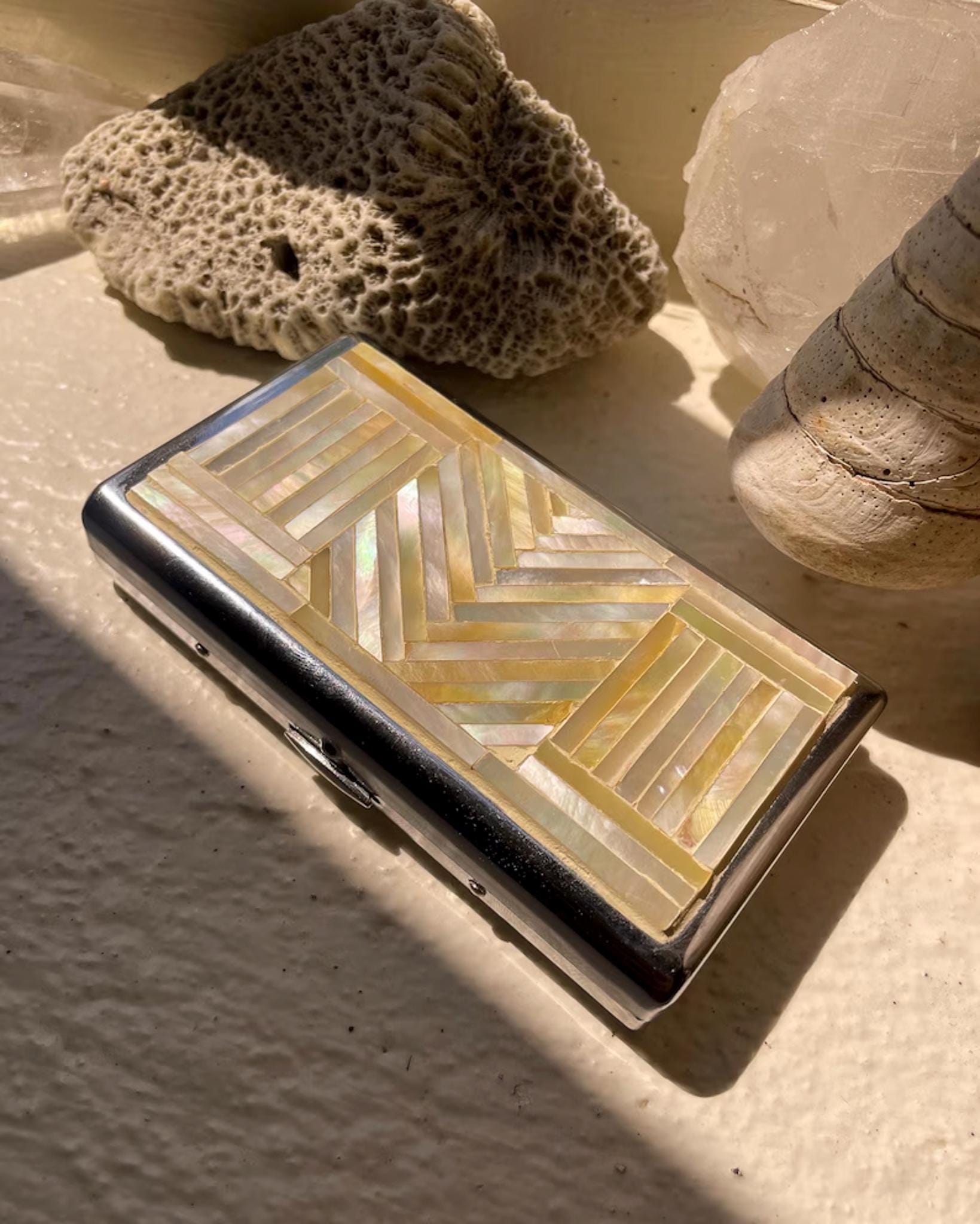 Art Deco Mother of Pearl Cigarette Box Chevron Shell Inlay Keepsake Stainless Steel Mini Case Handmade Jewelry Gift