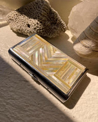 Art Deco Mother of Pearl Cigarette Box Chevron Shell Inlay Keepsake Stainless Steel Mini Case Handmade Jewelry Gift