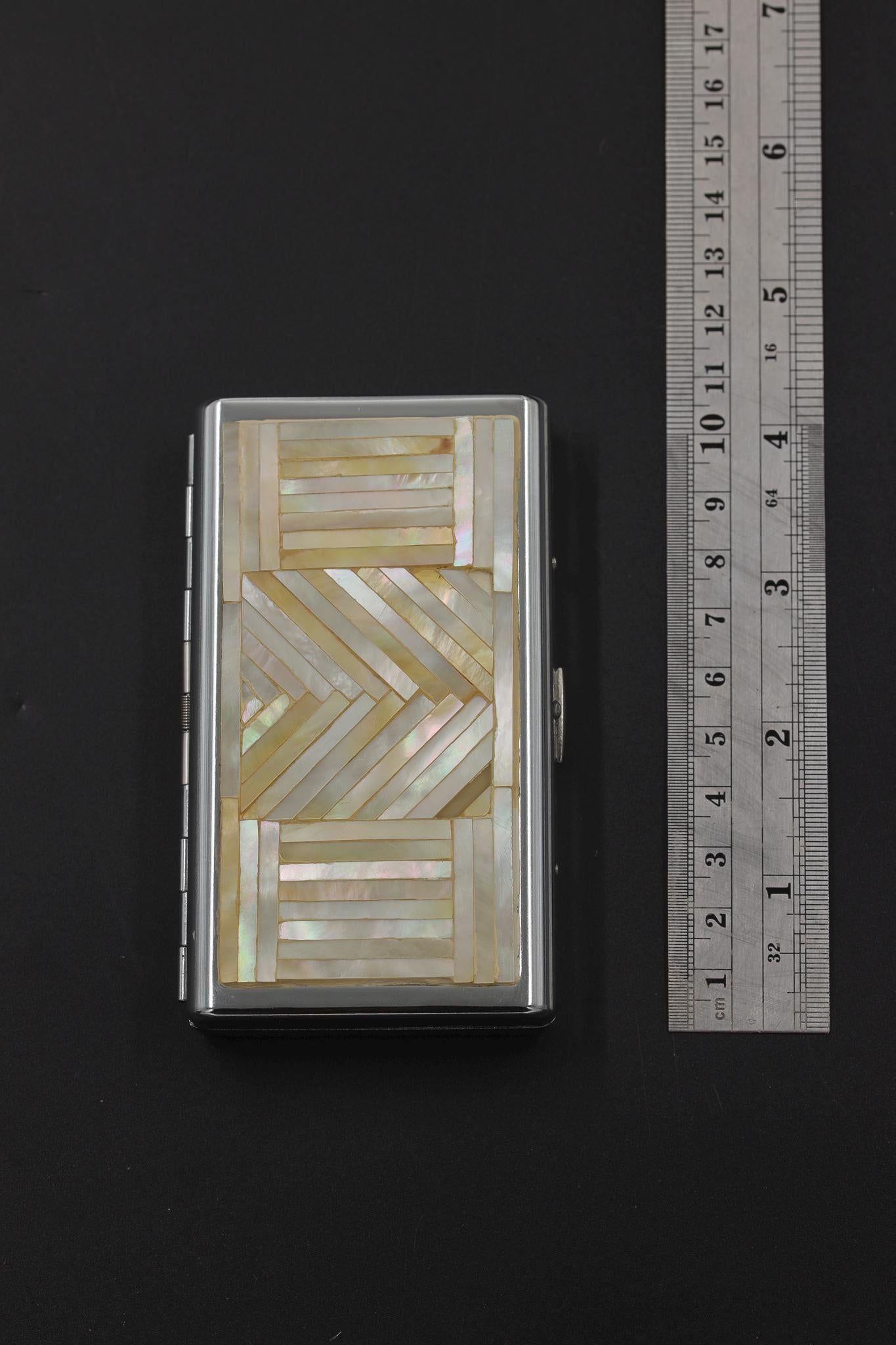 Art Deco Mother of Pearl Cigarette Box Chevron Shell Inlay Keepsake Stainless Steel Mini Case Handmade Jewelry Gift