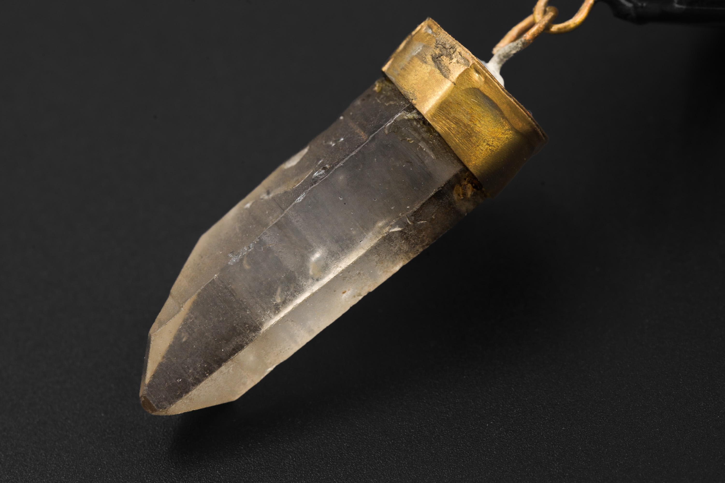 Quartz Reliquary Hanging Decoration – Geometric Glass & Brass Ornament, Raw Crystal Point, Sacred Home Decor