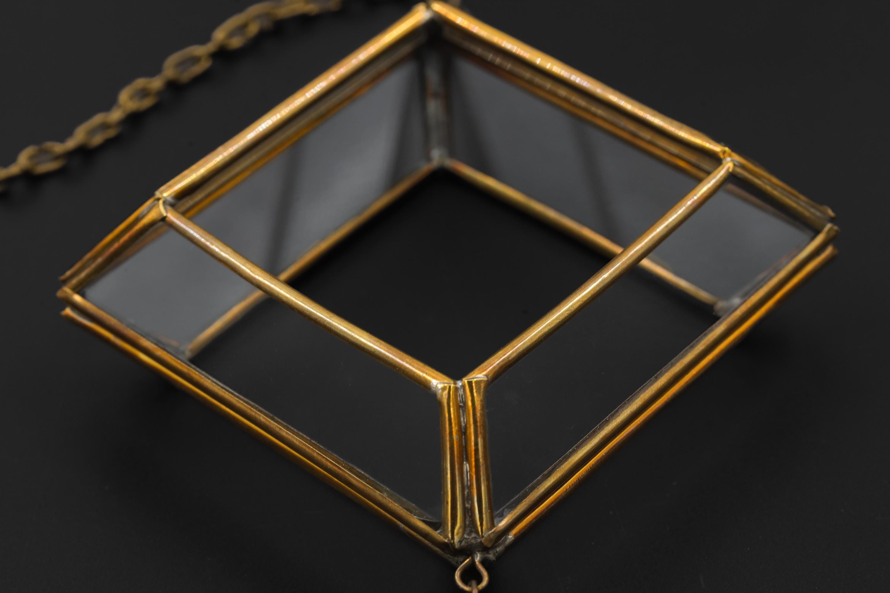 Quartz Reliquary Hanging Decoration – Geometric Glass & Brass Ornament, Raw Crystal Point, Sacred Home Decor