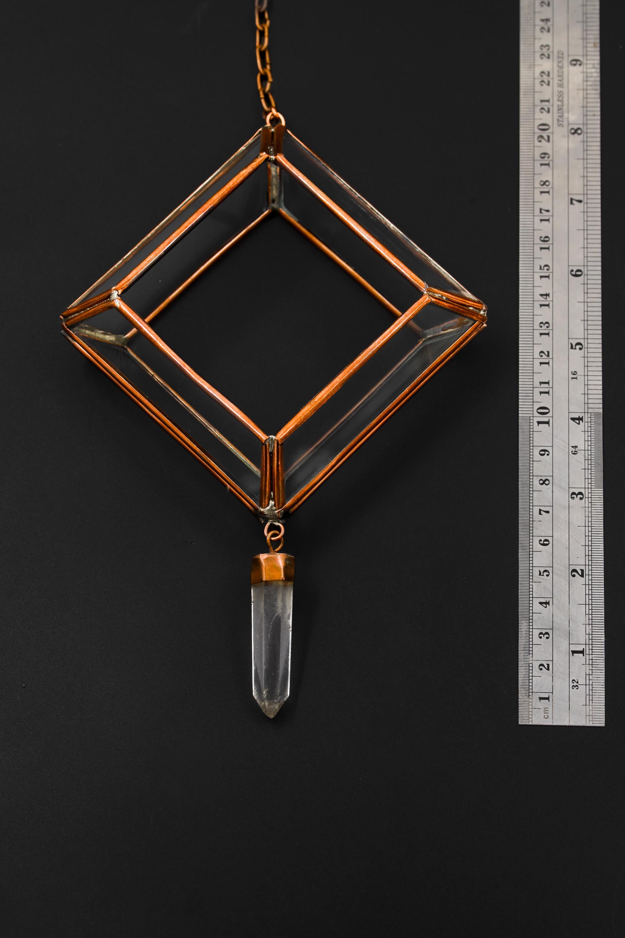 Copper Quartz Hanging Decoration – Geometric Glass Ornament, Raw Crystal Point, Sacred Room Decor