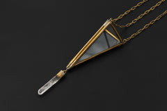 Brass Triangle Quartz Hanging Decoration – Geometric Glass Ornament, Raw Crystal Point, Boho Room & Sacred Space Decor