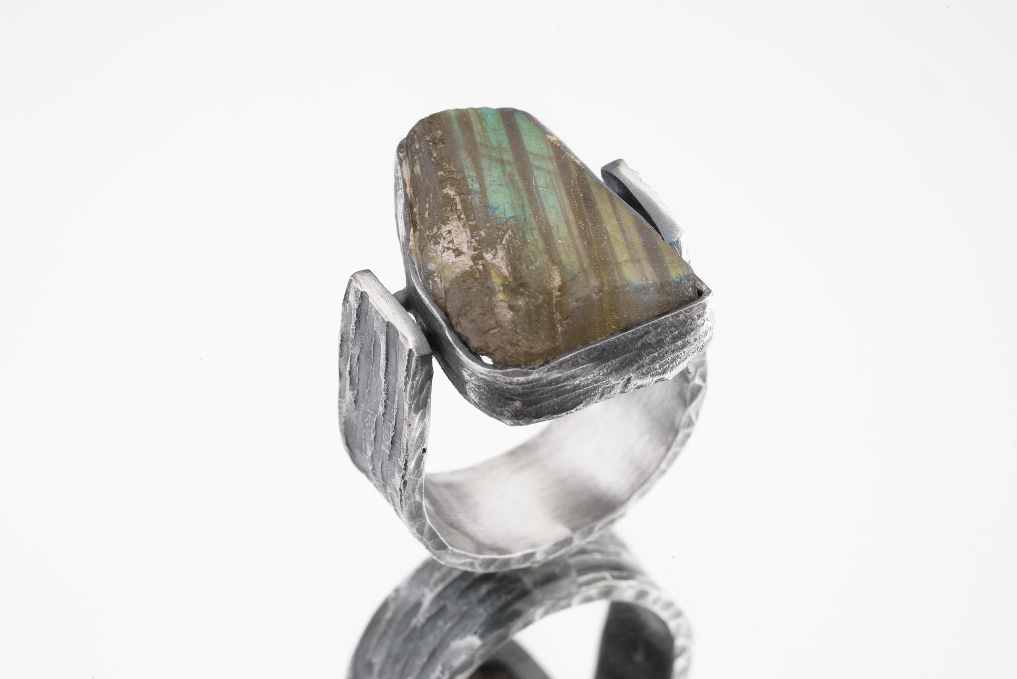 Raw Labradorite Ring Men's Size 9 925 Sterling Silver Brutalist Statement Ring Large Chunky Gemstone Jewelry Protection Third Eye Energy