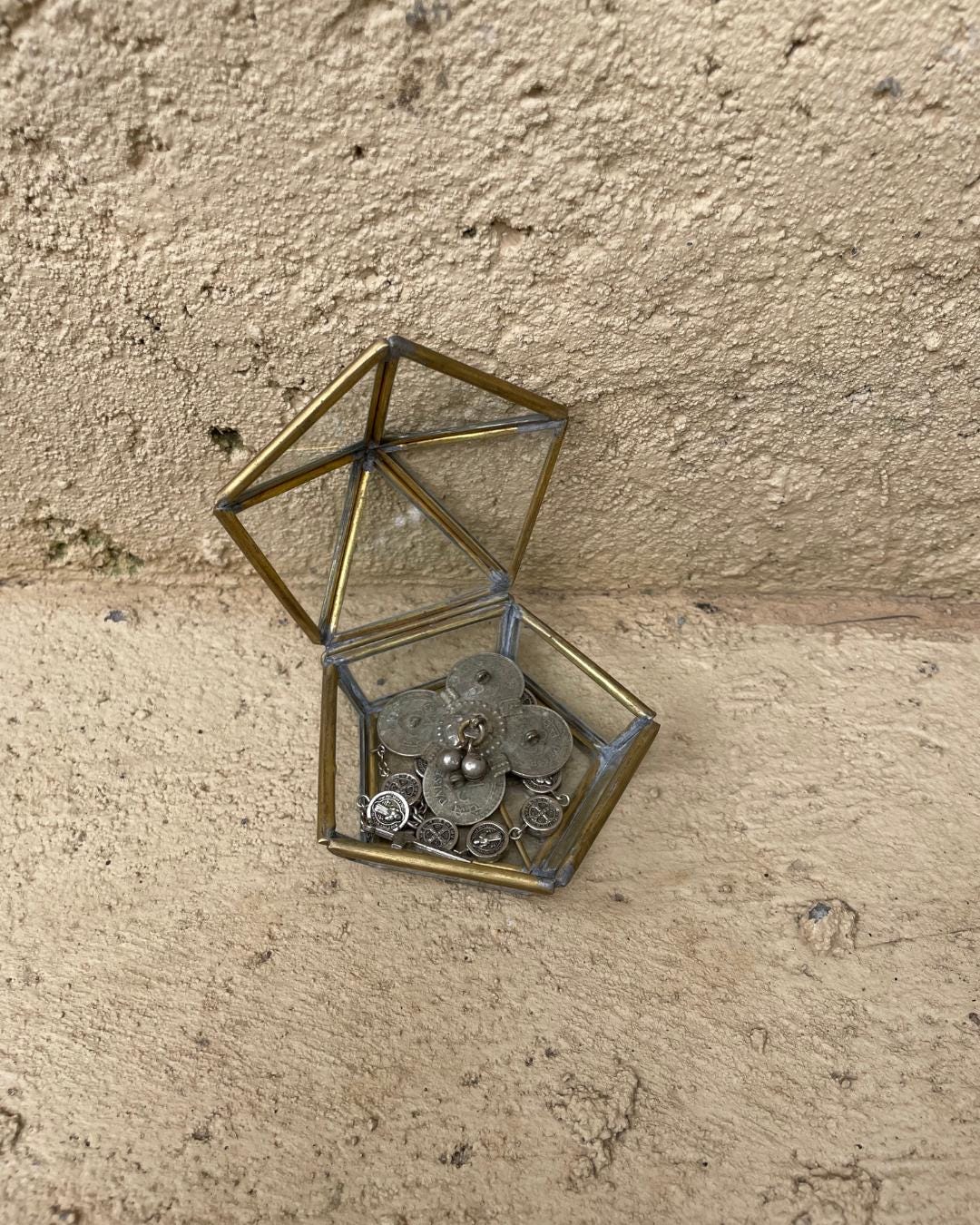 Vintage Brass & Glass Pentagon Jewelry Box: Ring Display