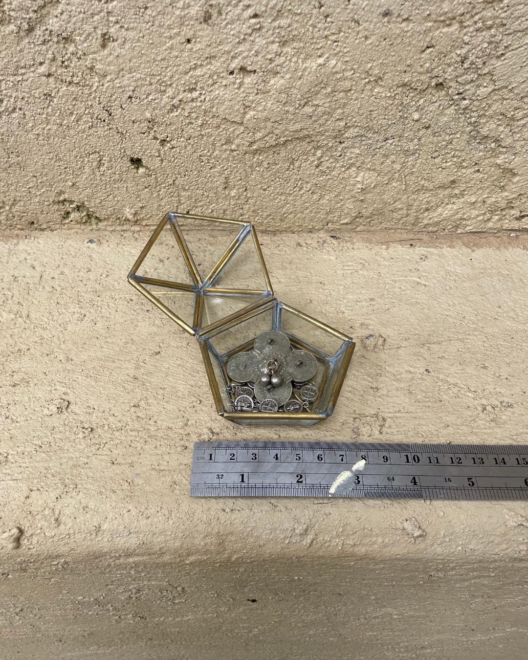 Vintage Brass & Glass Pentagon Jewelry Box: Ring Display