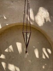 Copper Triangle Quartz Hanging Decoration – Geometric Glass Ornament, Raw Crystal Point, Boho Room & Sacred Space Decor