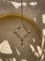 Quartz Reliquary Hanging Decoration – Geometric Glass & Brass Ornament, Raw Crystal Point, Sacred Home Decor