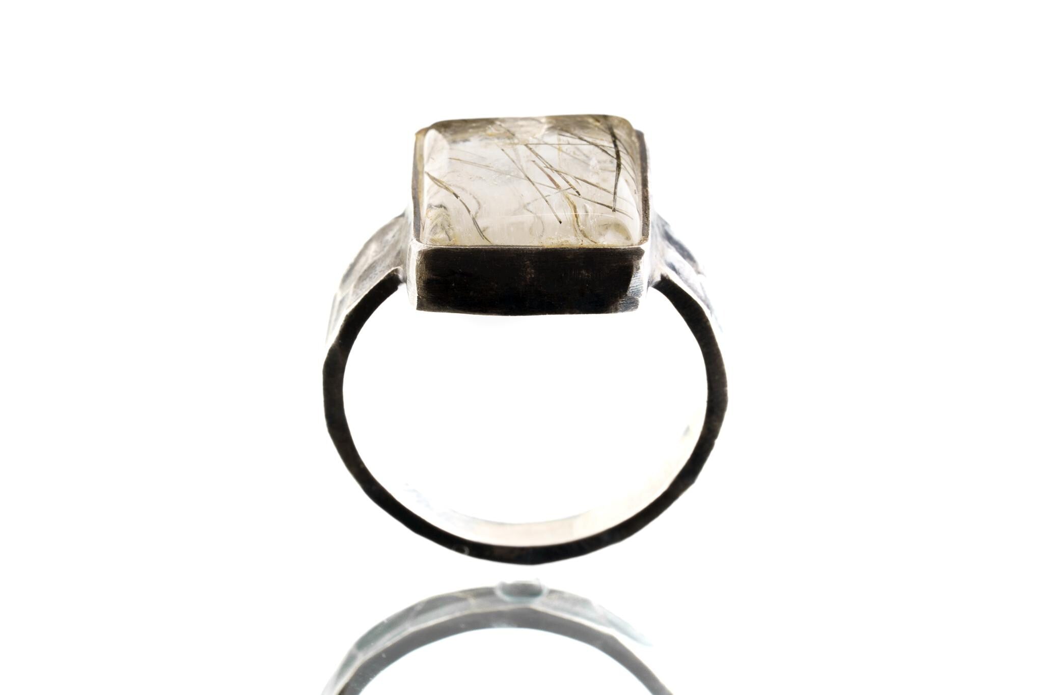 Black Rutile Quartz Ring Men’s Size 10 Sterling Silver, Oxidized Hammered Band, Protection Stone, Root Chakra Jewelry, Bold Statement Gift
