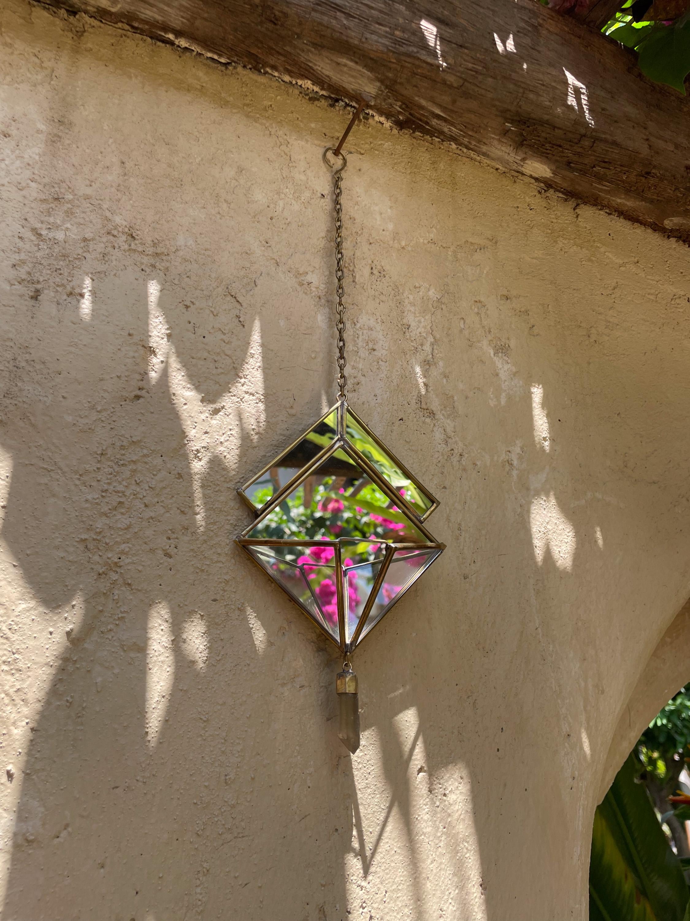 Quartz Reliquary Hanging Decoration, Geometric Mirror Brass Ornament, Raw Crystal Point, Sacred Home Decor, Boho Wall Hanging