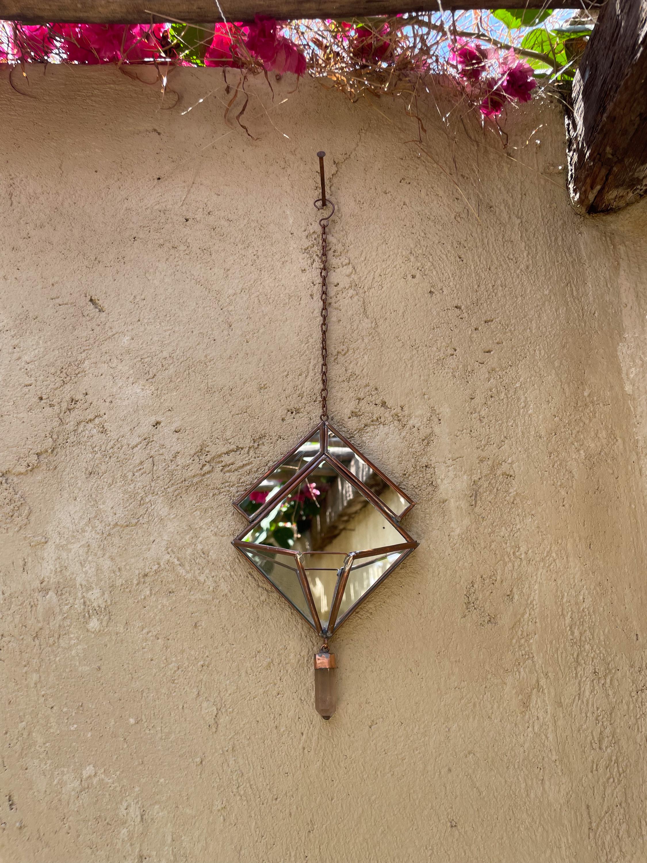 Quartz Hanging Decoration – Geometric Mirror & Copper Ornament, Raw Crystal Point, Sacred Home Decor