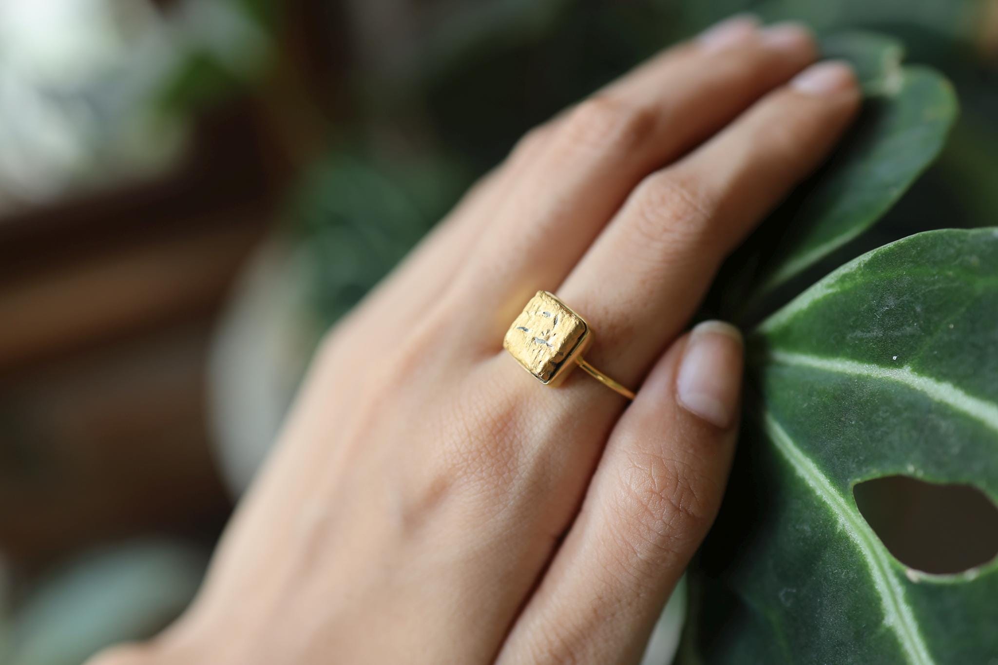 Raw Pyrite Cube Ring, 18k Gold Plated Sterling Silver, Handmade