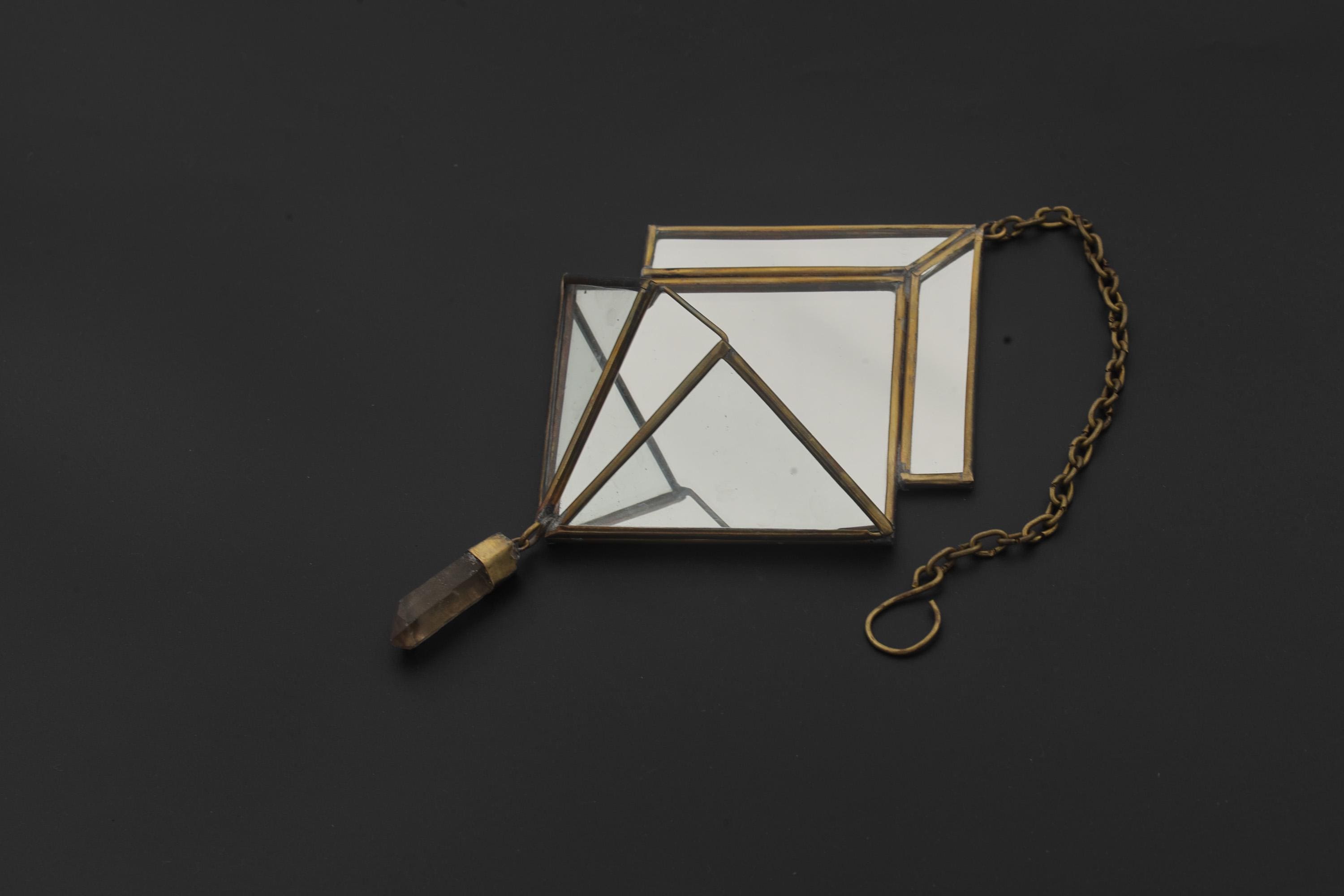 Quartz Reliquary Hanging Decoration, Geometric Mirror Brass Ornament, Raw Crystal Point, Sacred Home Decor, Boho Wall Hanging