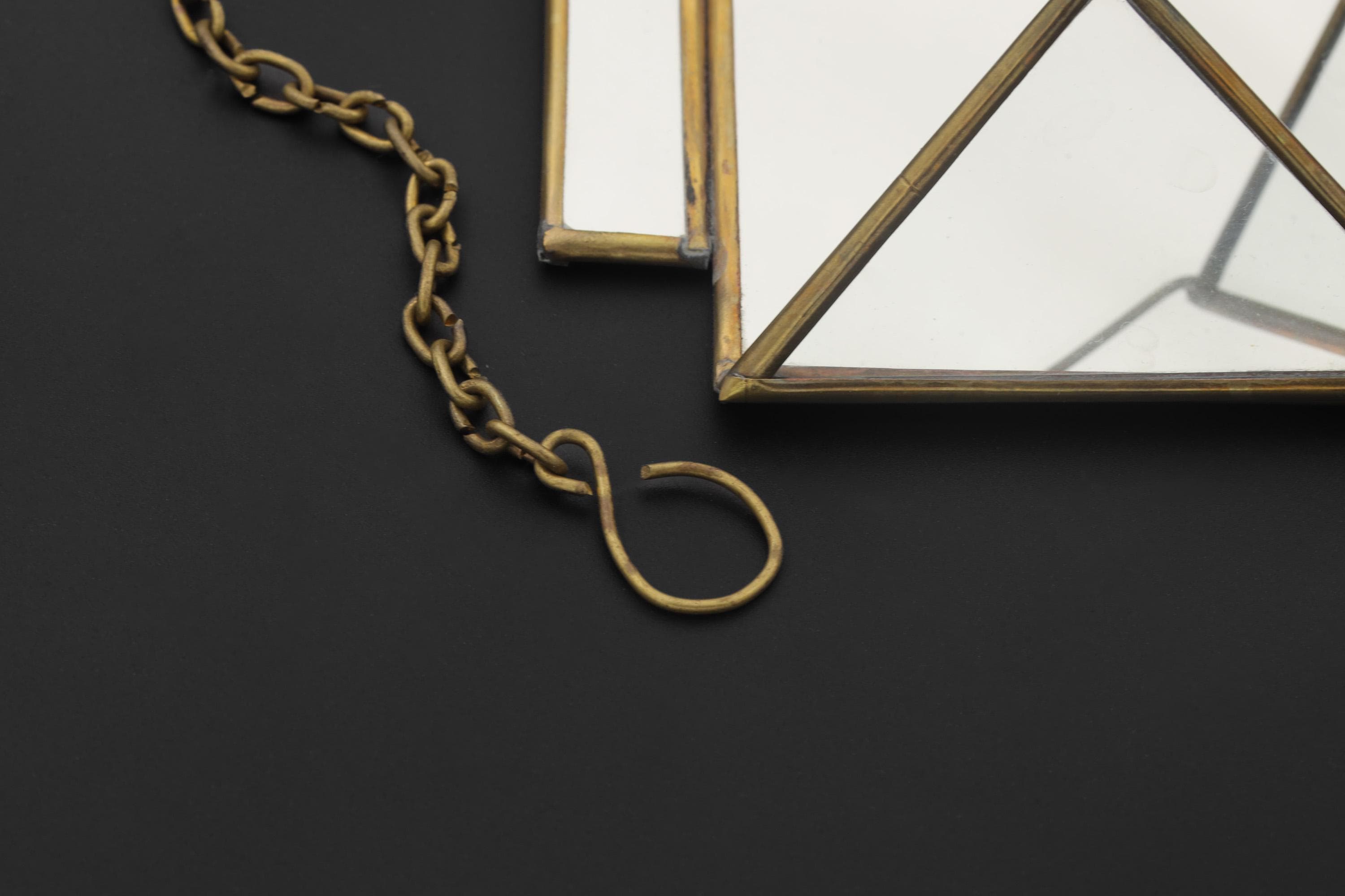 Quartz Reliquary Hanging Decoration, Geometric Mirror Brass Ornament, Raw Crystal Point, Sacred Home Decor, Boho Wall Hanging