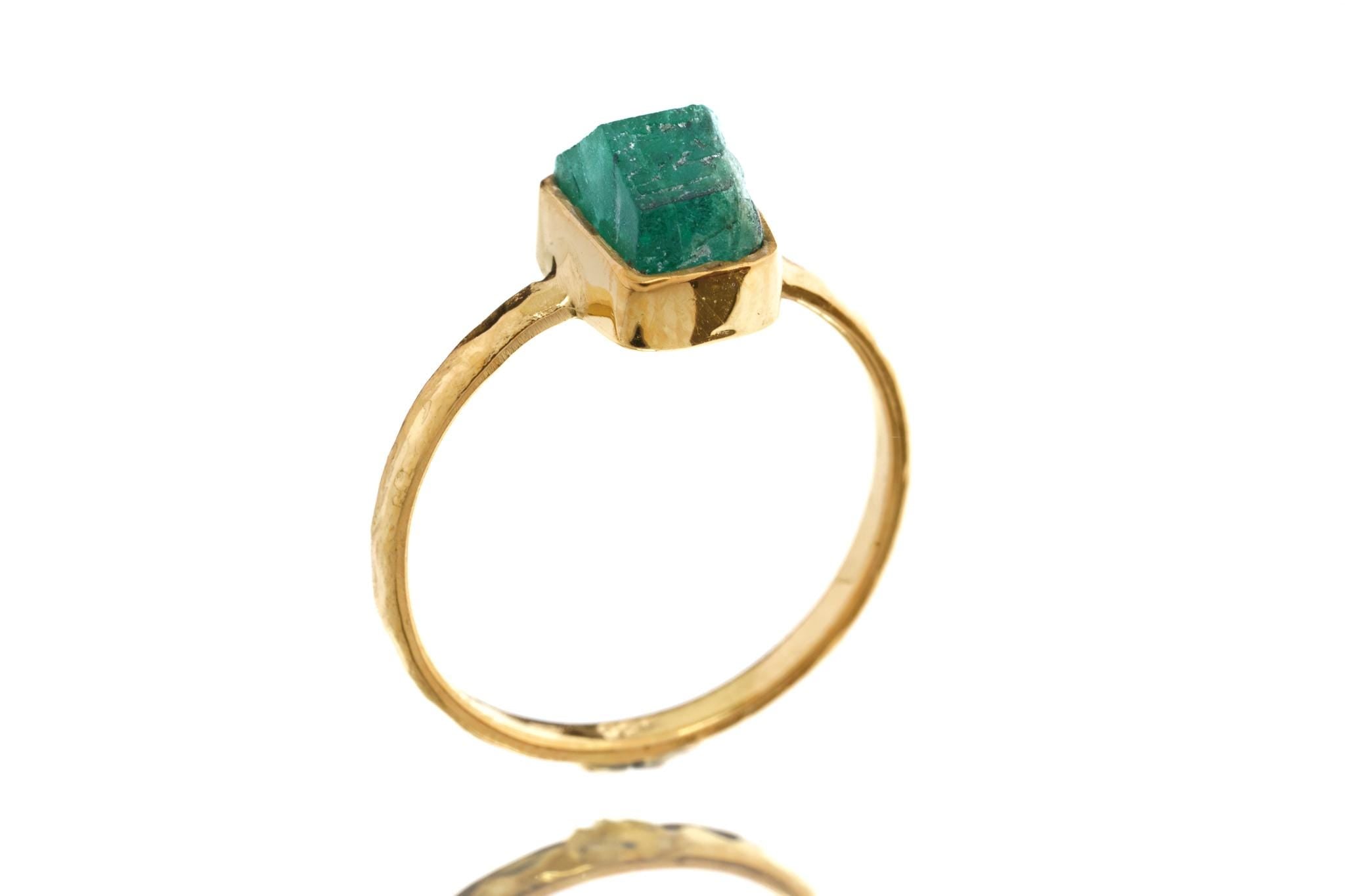 Raw Emerald Ring Gold Plated Sterling Silver, Rough Australian Emerald Crystal, Stack Ring Size 5 US, Heart Chakra May Birthstone Gift