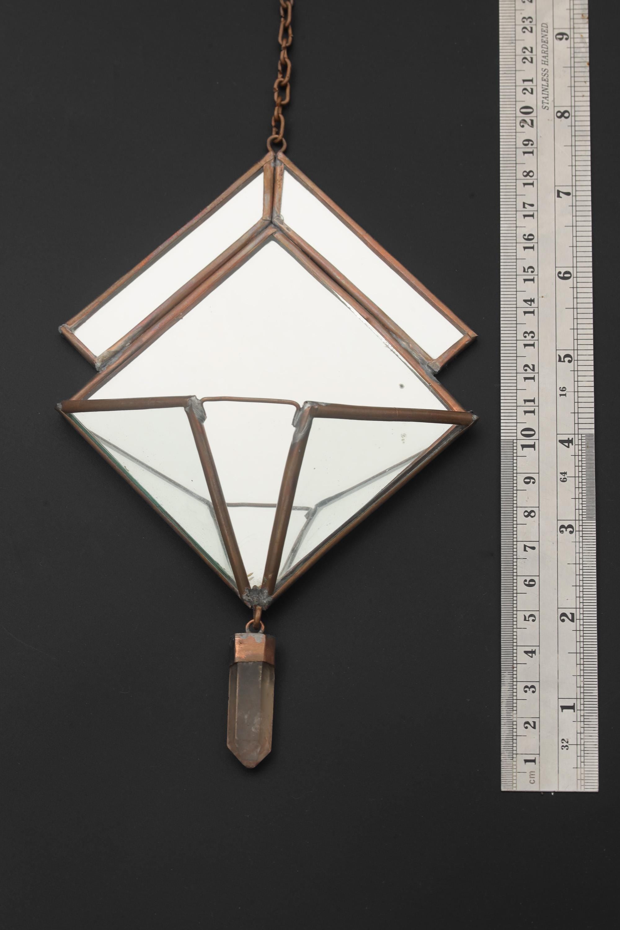 Quartz Hanging Decoration – Geometric Mirror & Copper Ornament, Raw Crystal Point, Sacred Home Decor