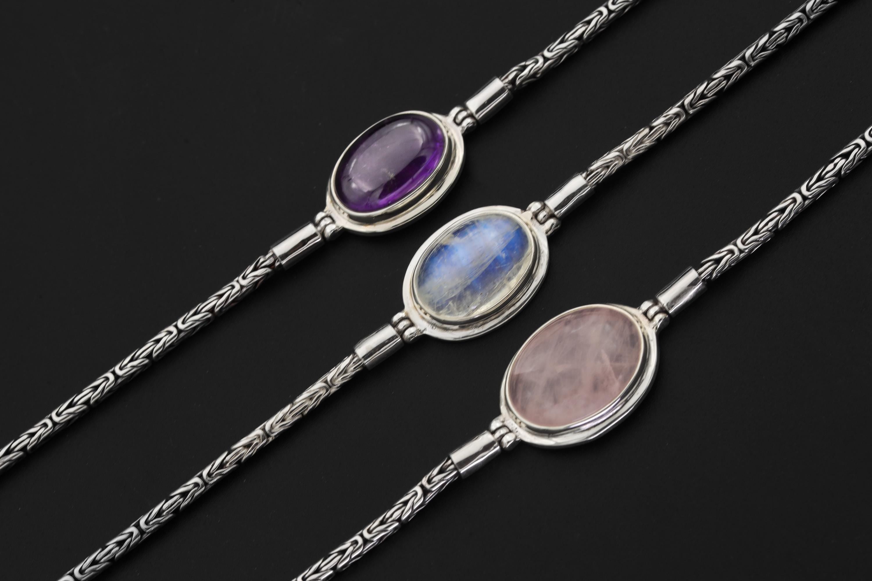 Amethyst Bracelet Sterling Silver, Byzantine Chain 925, Oval Cabochon Gemstone, Adjustable, Crown Chakra Healing Crystal Jewelry Gift