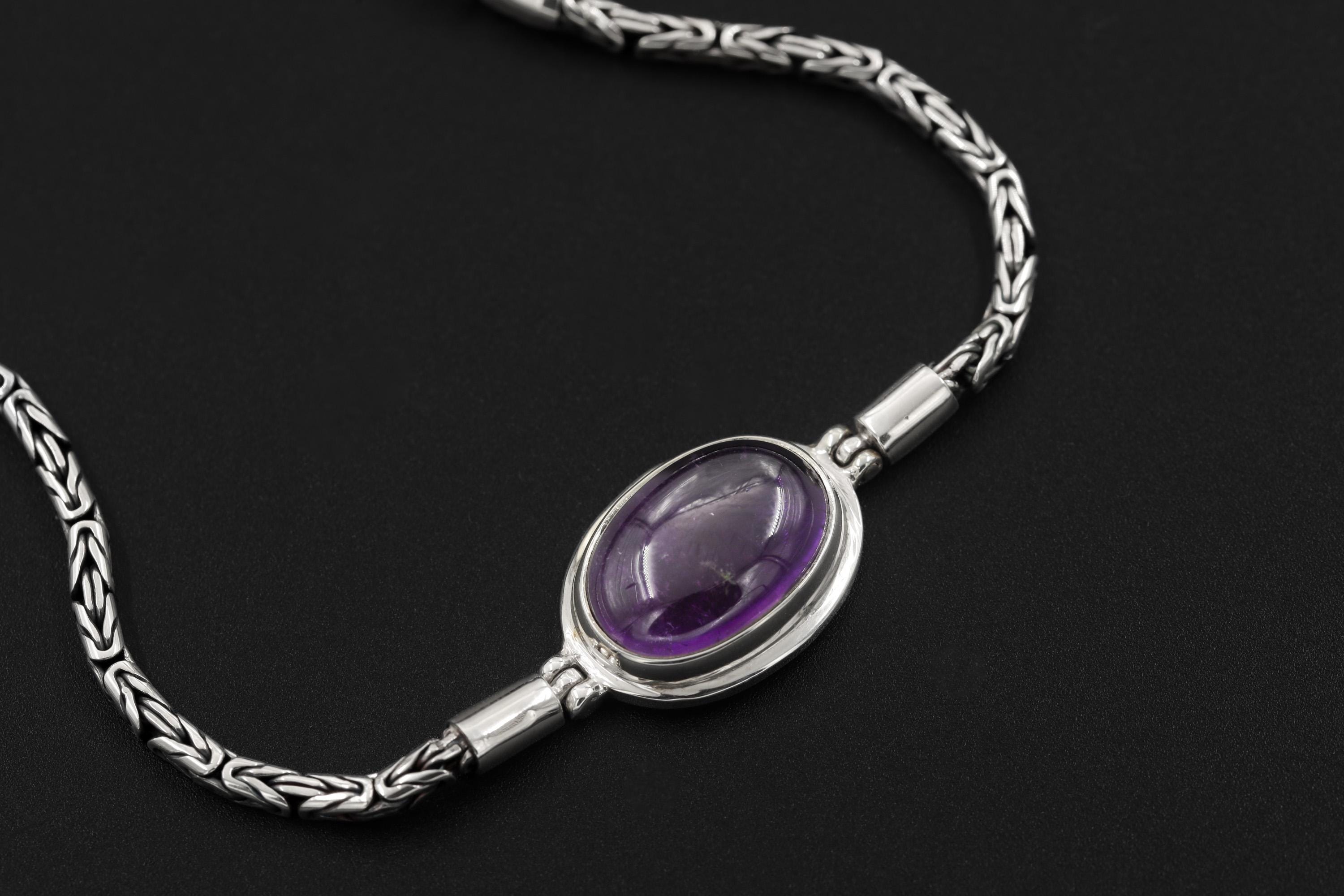 Amethyst Bracelet Sterling Silver, Byzantine Chain 925, Oval Cabochon Gemstone, Adjustable, Crown Chakra Healing Crystal Jewelry Gift
